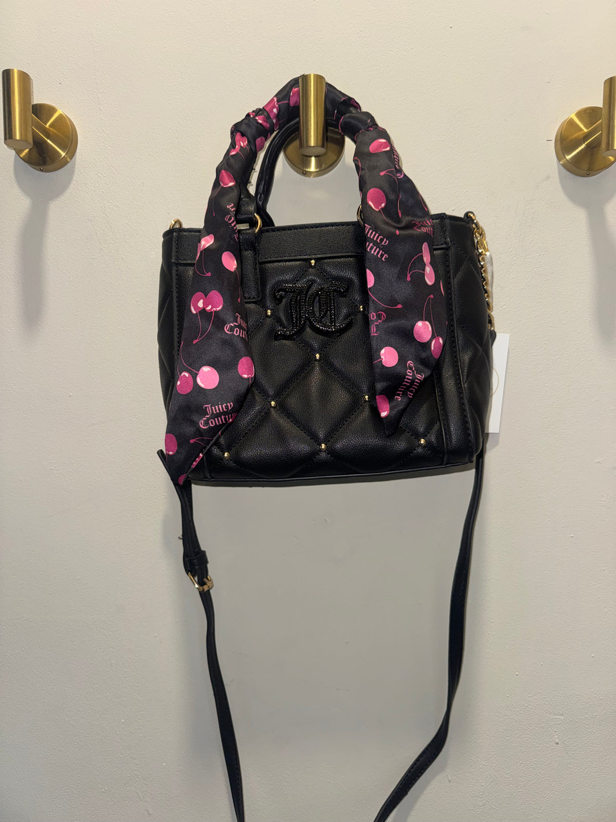 Juicy Couture Black Quilted Crossbody Bag with Cherry Scarf
