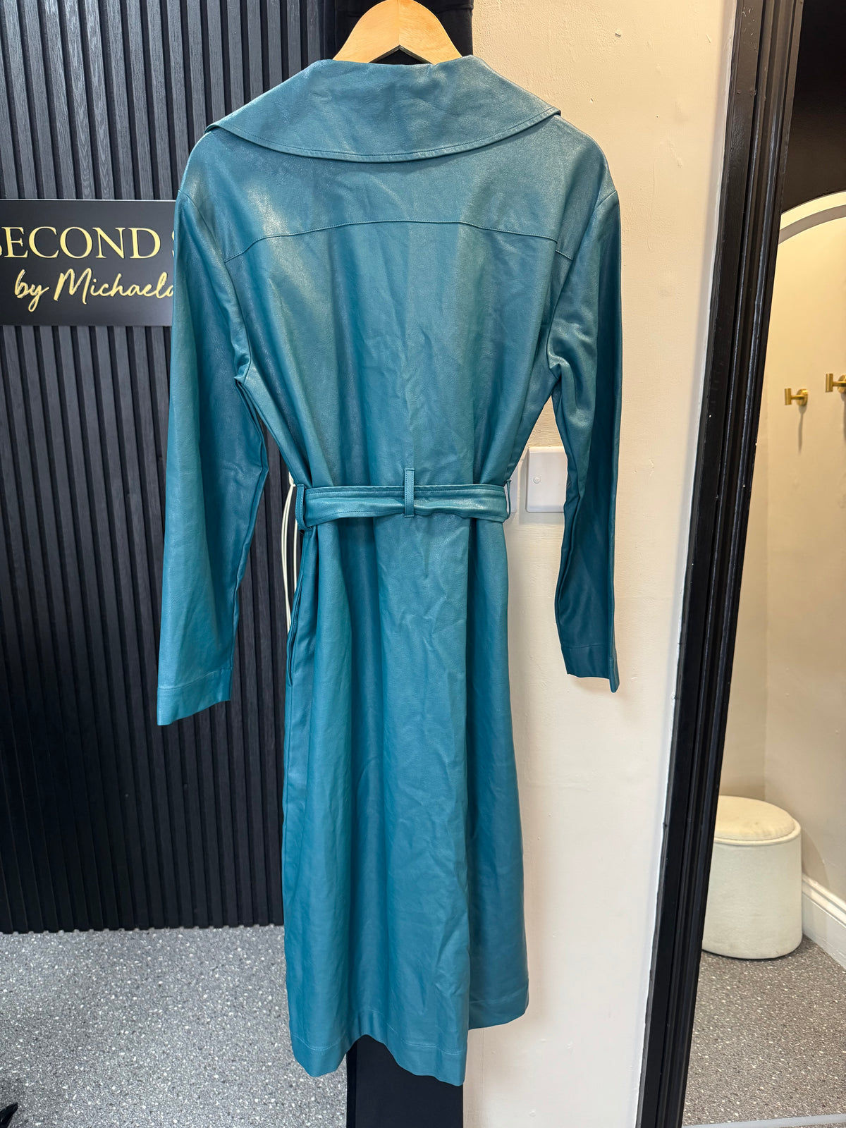 Lola May Teal Faux Leather Belted Trench Coat – Size 8