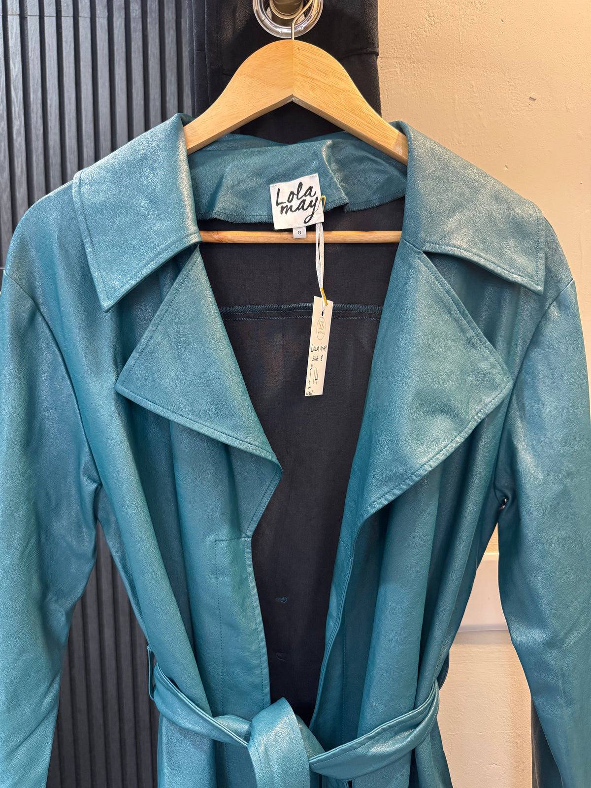 Lola May Teal Faux Leather Belted Trench Coat – Size 8