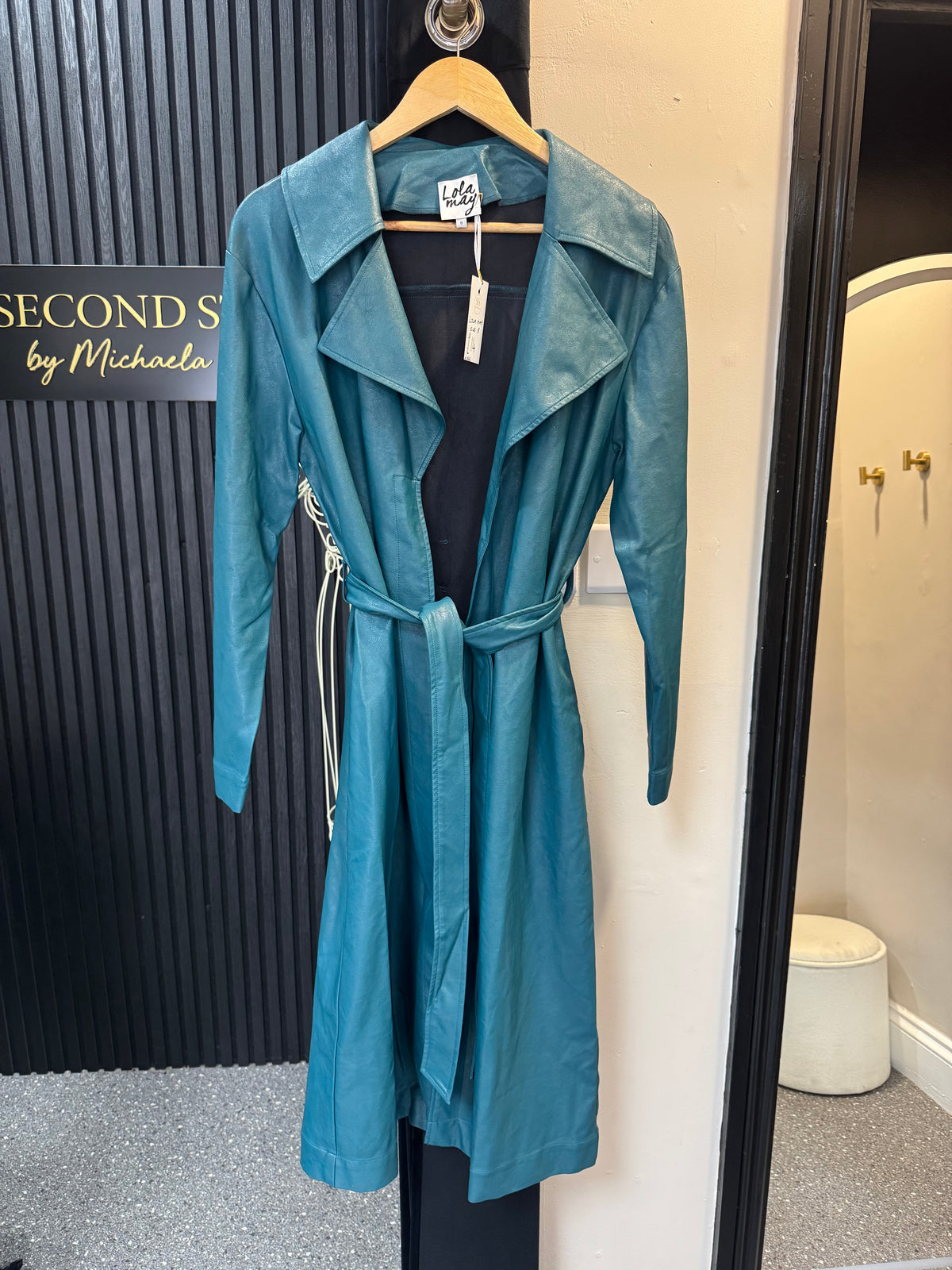 Lola May Teal Faux Leather Belted Trench Coat – Size 8