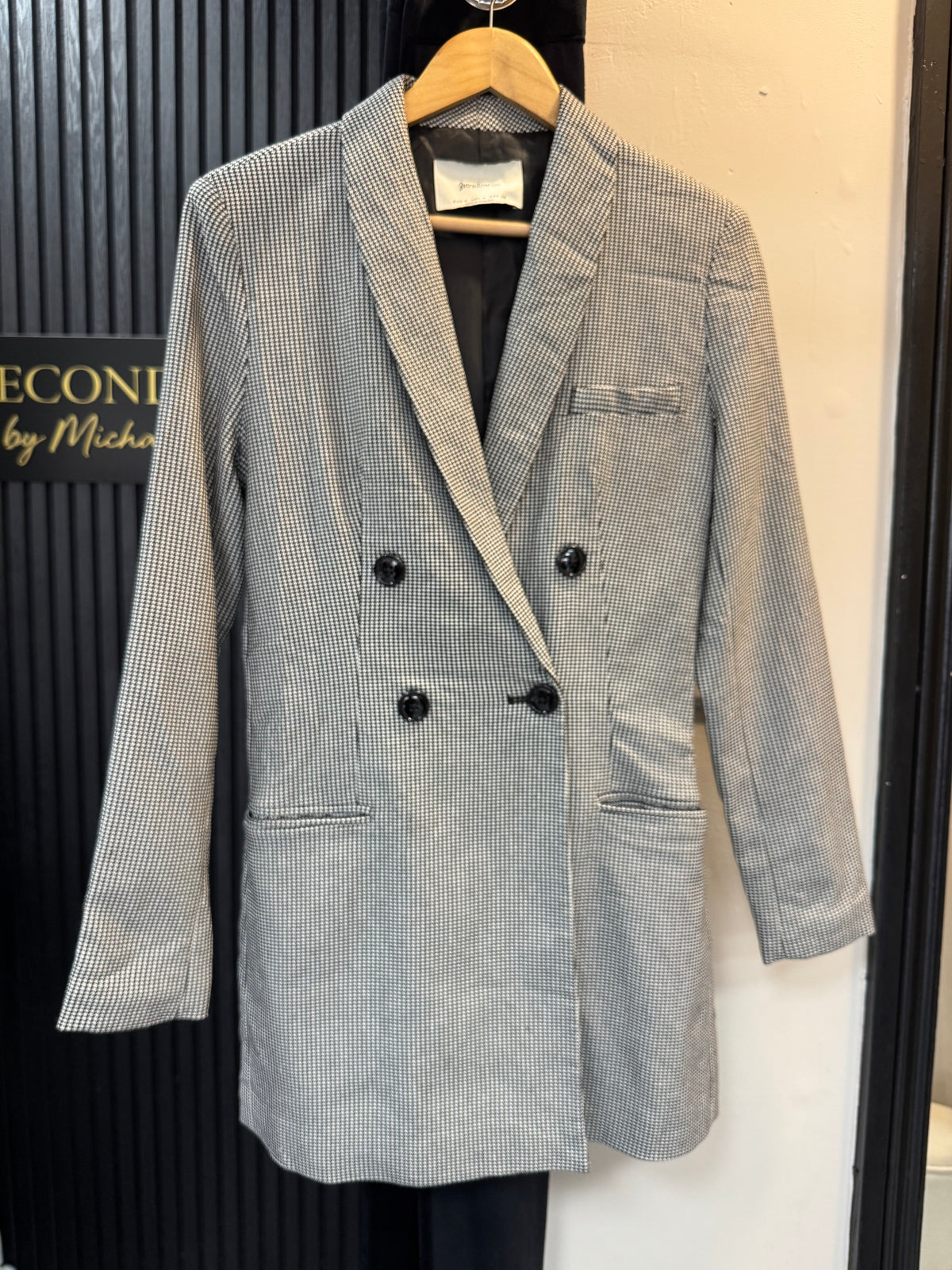 Stradivarius Houndstooth Double-Breasted Longline Blazer – Size M