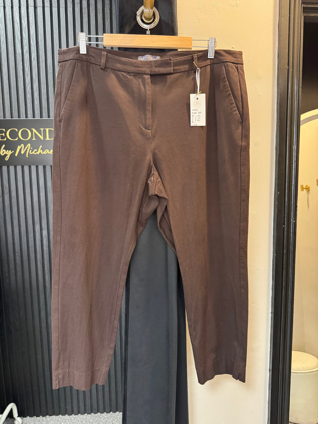 M&S Chocolate Brown Tapered Trousers – Size 20