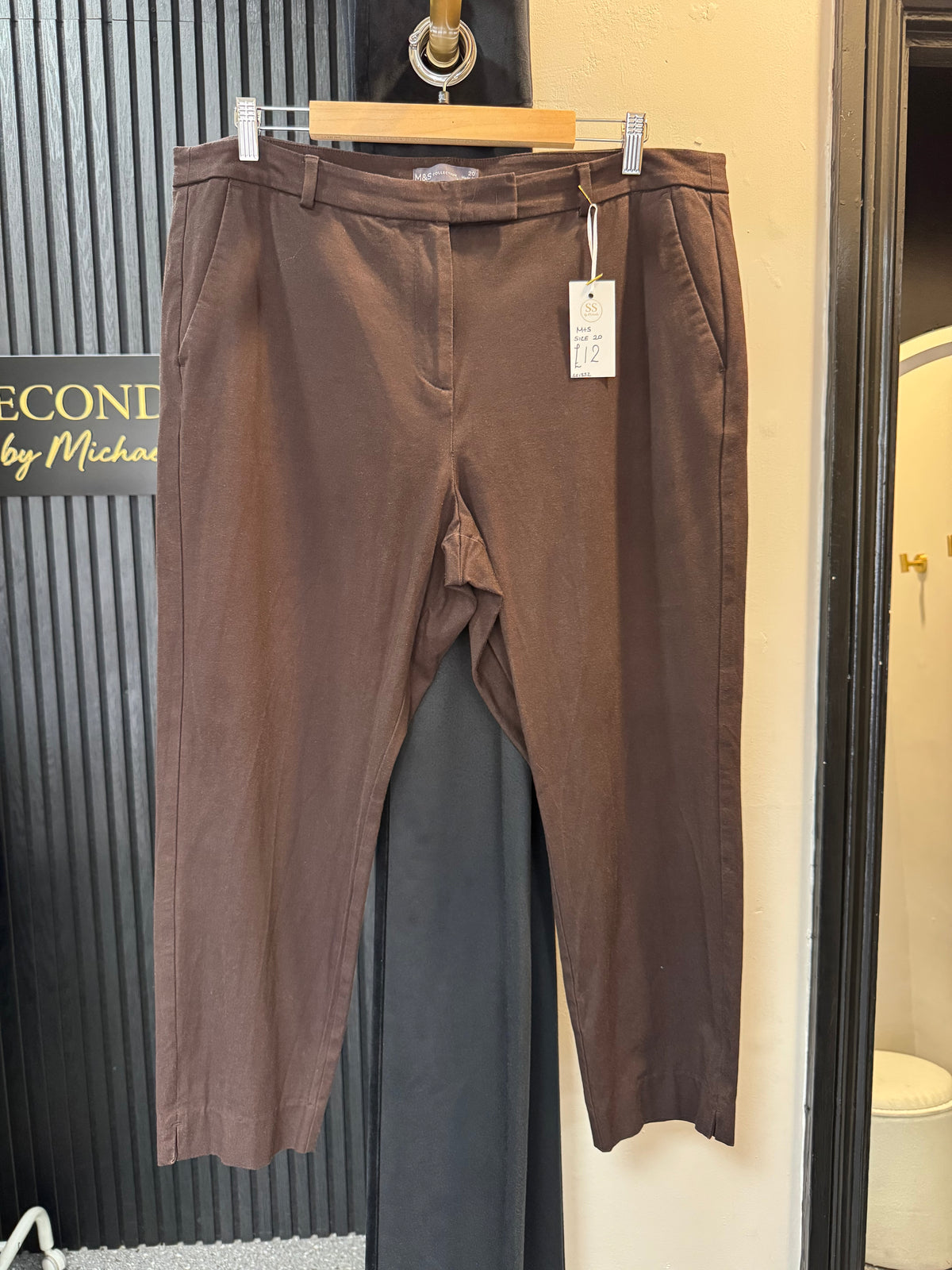 M&S Chocolate Brown Tapered Trousers – Size 20