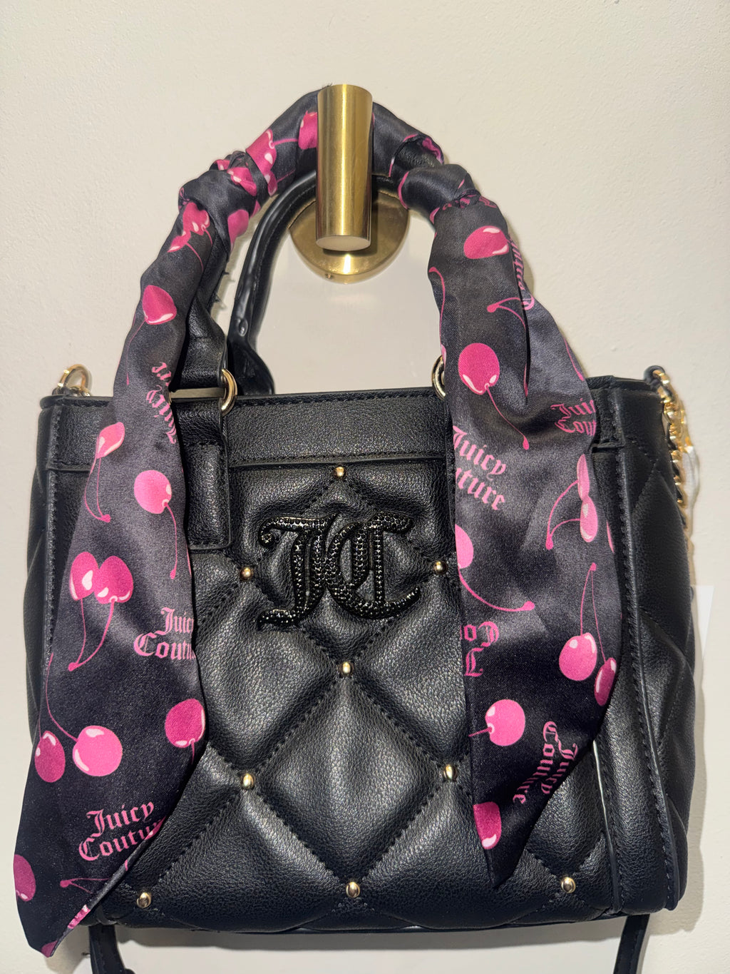 Juicy Couture Black Quilted Crossbody Bag with Cherry Scarf