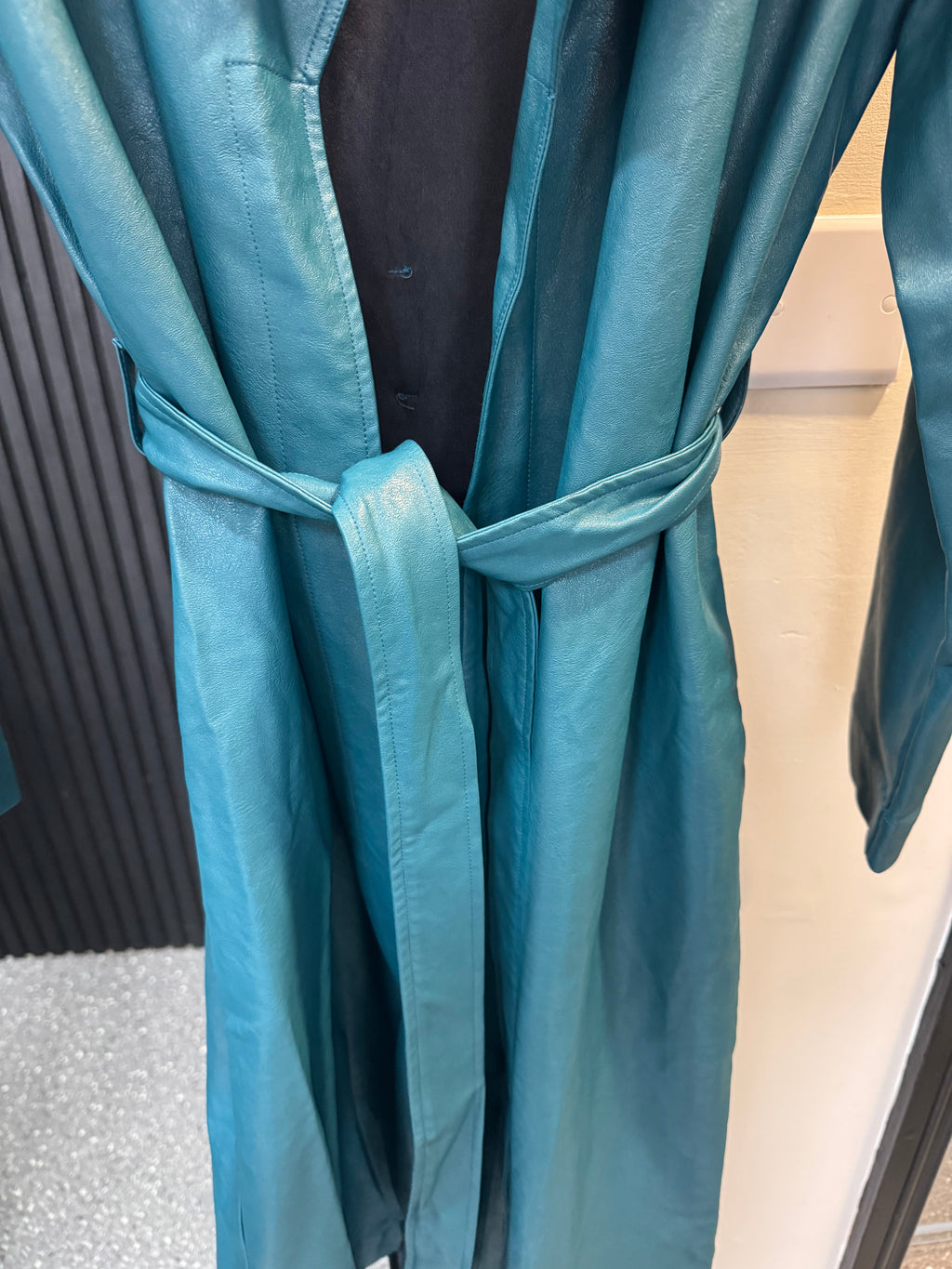 Lola May Teal Faux Leather Belted Trench Coat – Size 8
