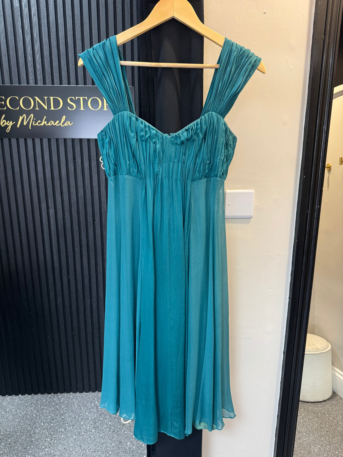 Vintage Phase Eight Teal Silk Pleated Midi Dress Size 8