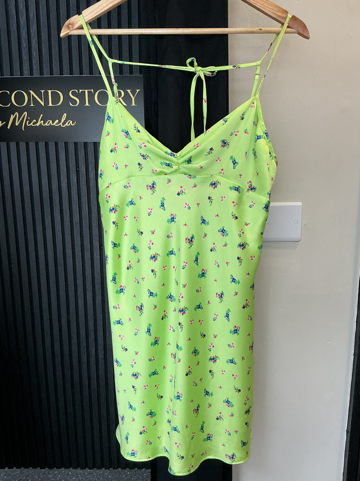 Zara Lime Floral Satin Slip Mini Dress – Size L