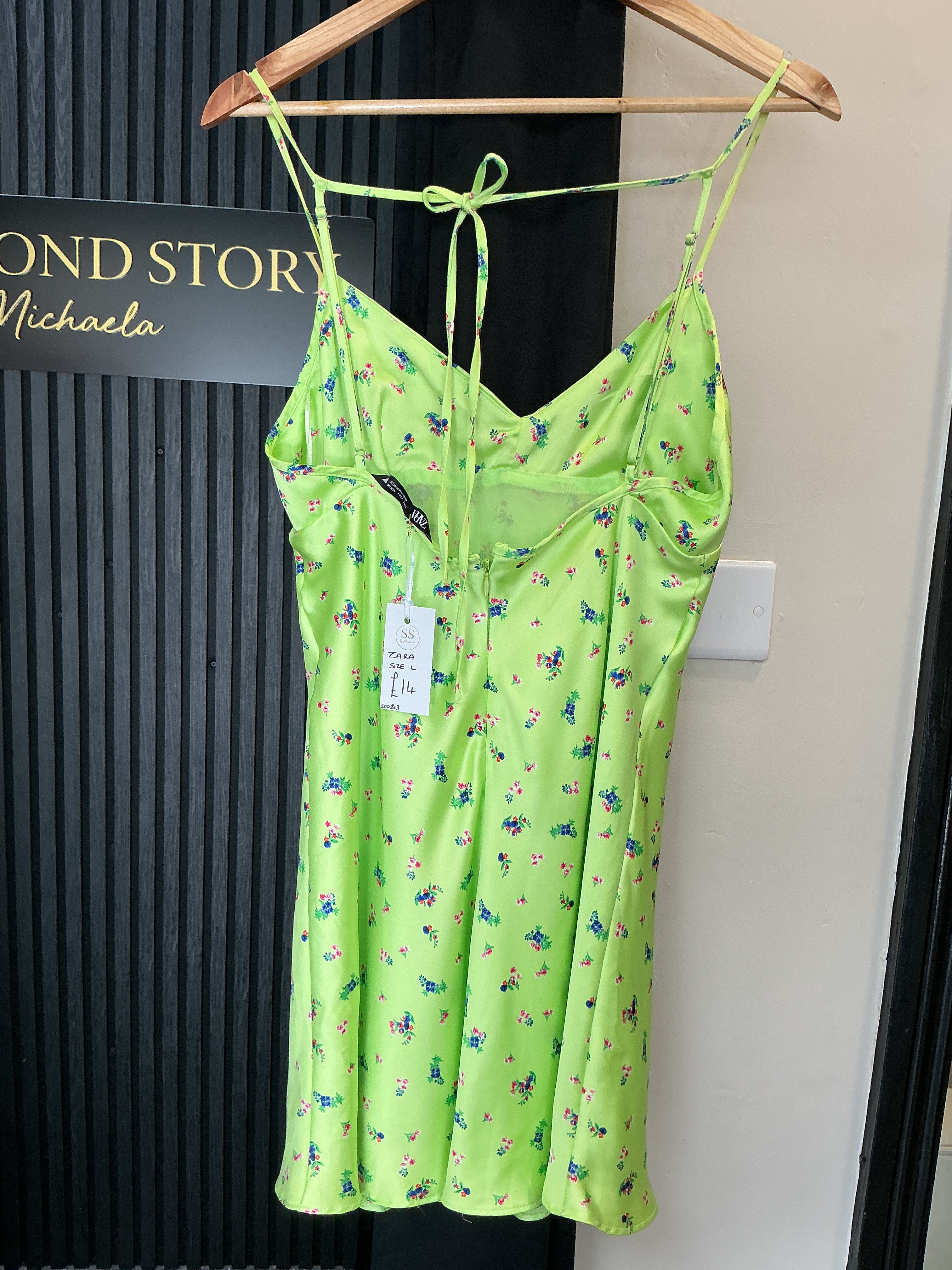 Zara Lime Floral Satin Slip Mini Dress – Size L