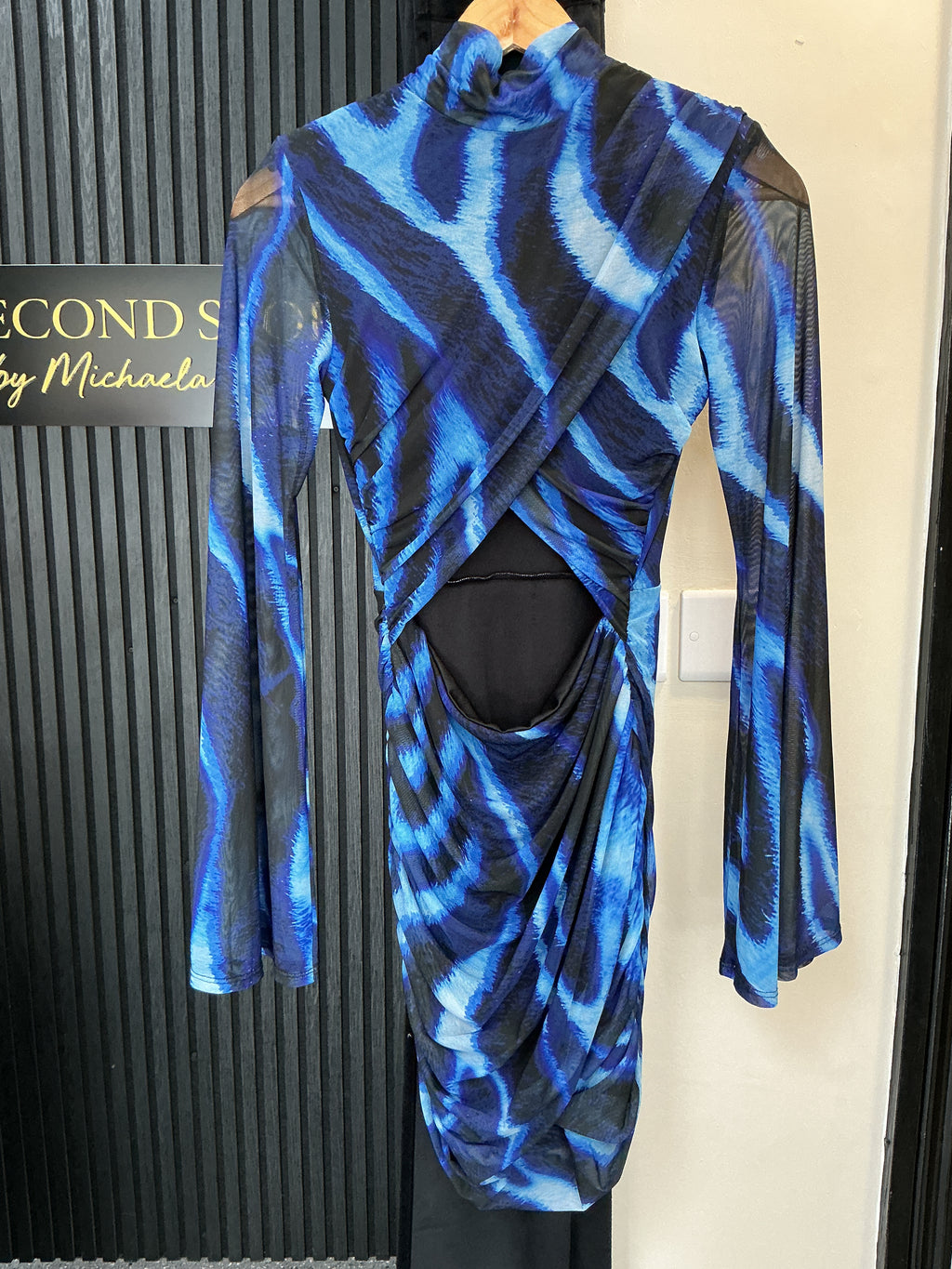 PrettyLittleThing Blue Abstract Cut-Out Mesh Mini Dress – Size 8