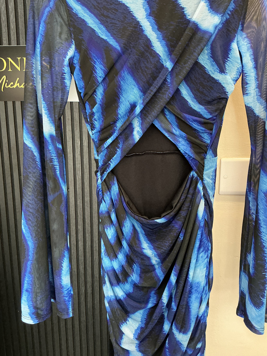 PrettyLittleThing Blue Abstract Cut-Out Mesh Mini Dress – Size 8