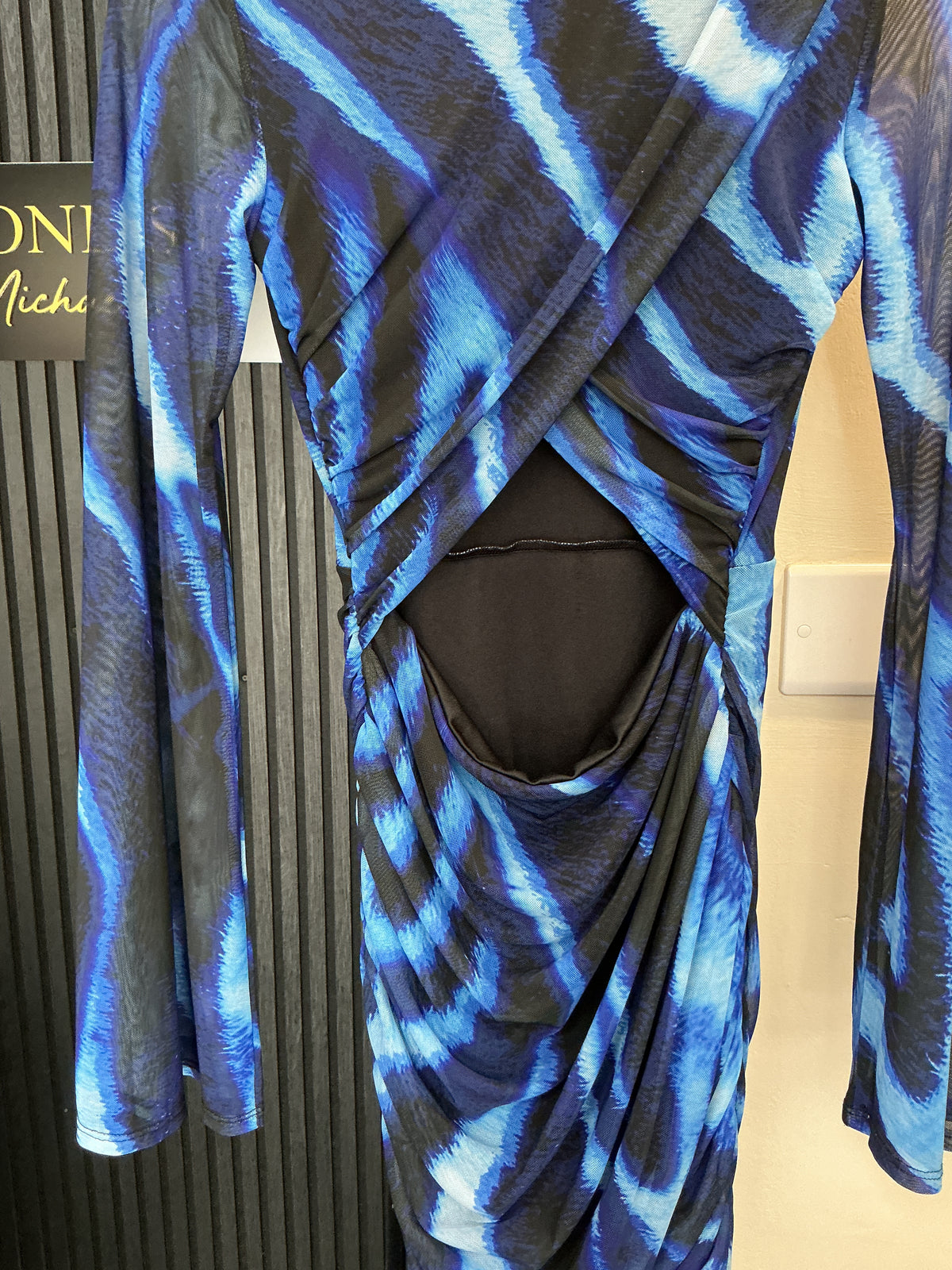 PrettyLittleThing Blue Abstract Cut-Out Mesh Mini Dress – Size 8