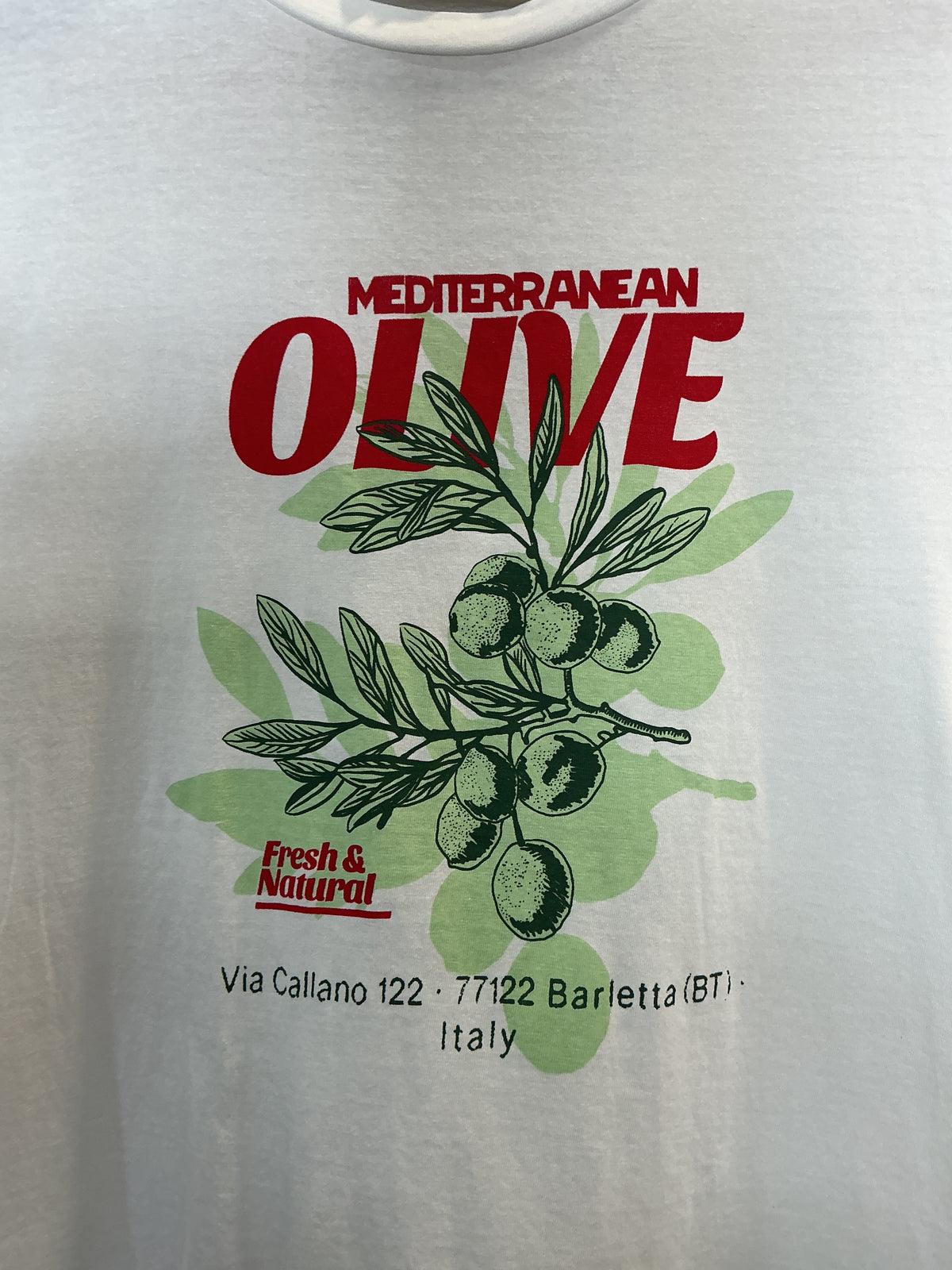 Weekend Vibes Mediterranean Olive Graphic T-Shirt – White – Size 12 (New with Tags)