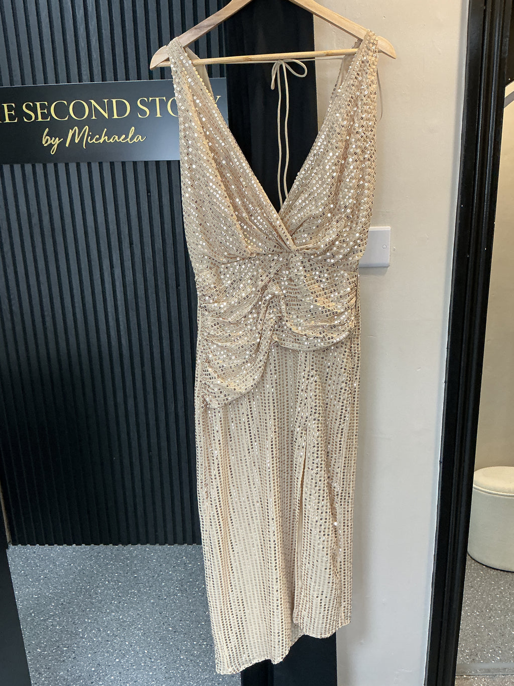 Zara Gold Sequin Ruched Maxi Dress – Size S New