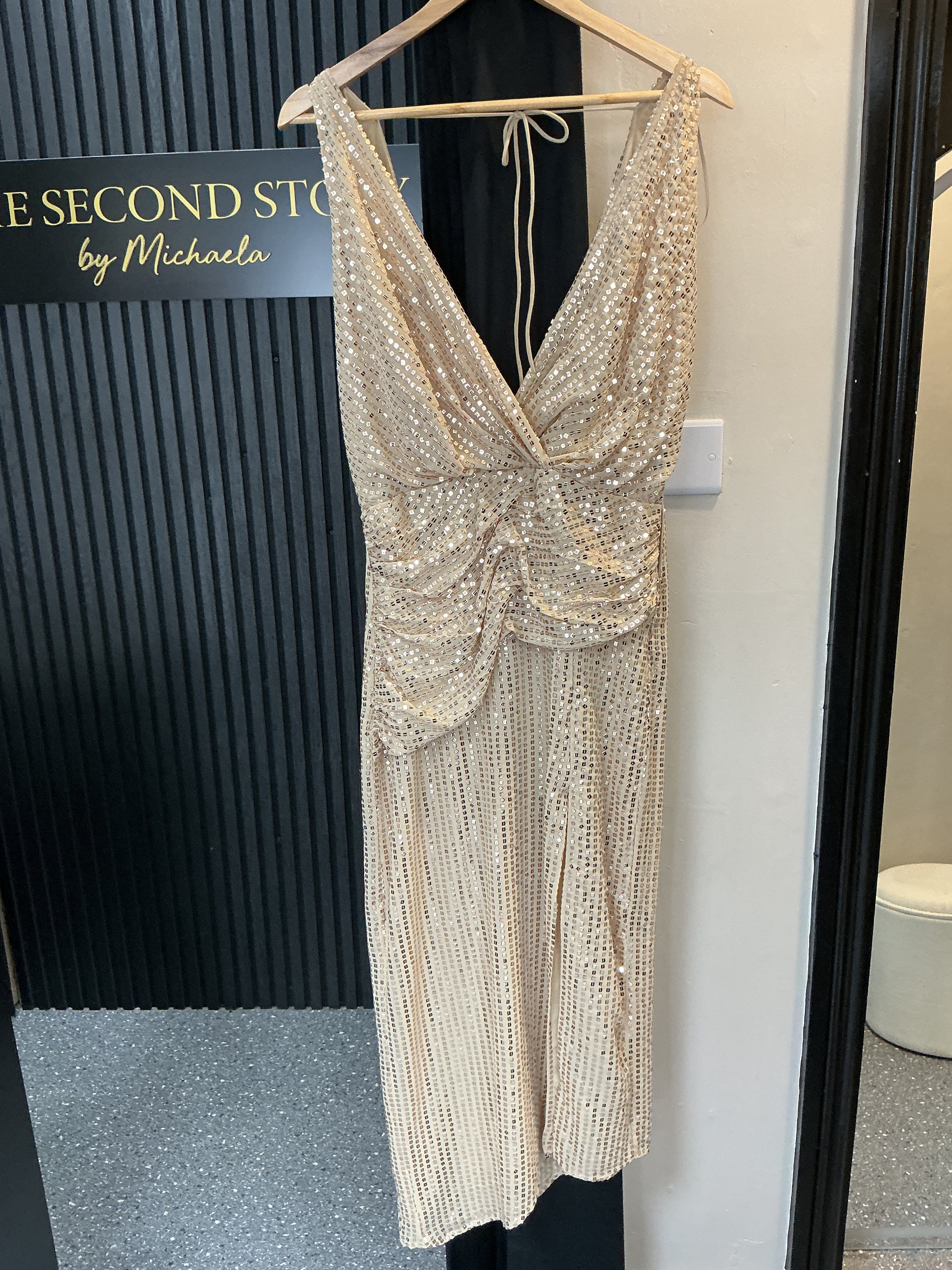 Zara Gold Sequin Ruched Maxi Dress – Size S New