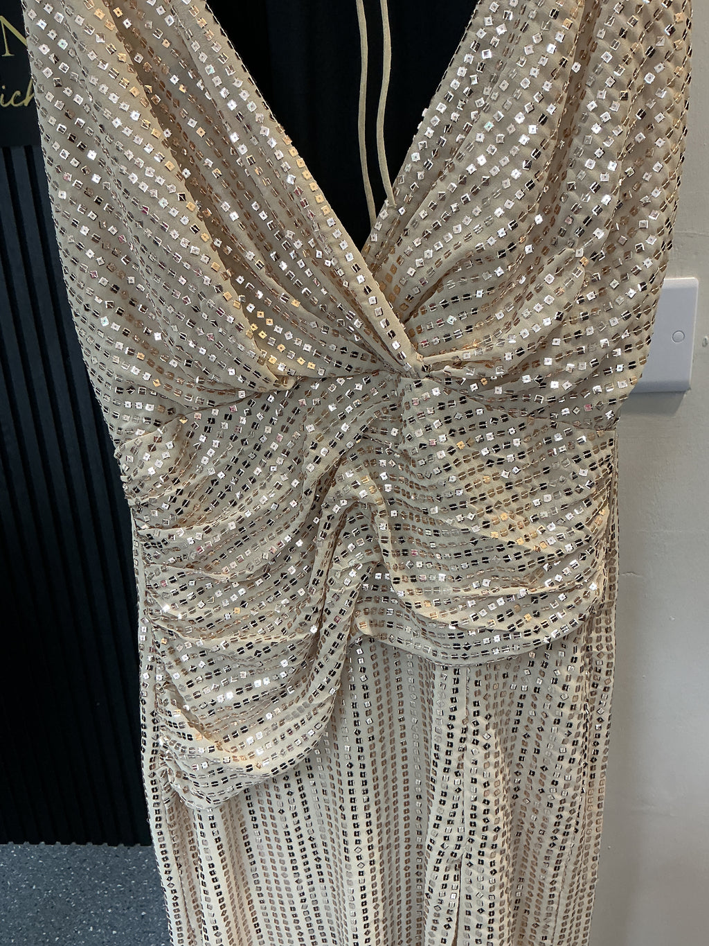 Zara Gold Sequin Ruched Maxi Dress – Size S New