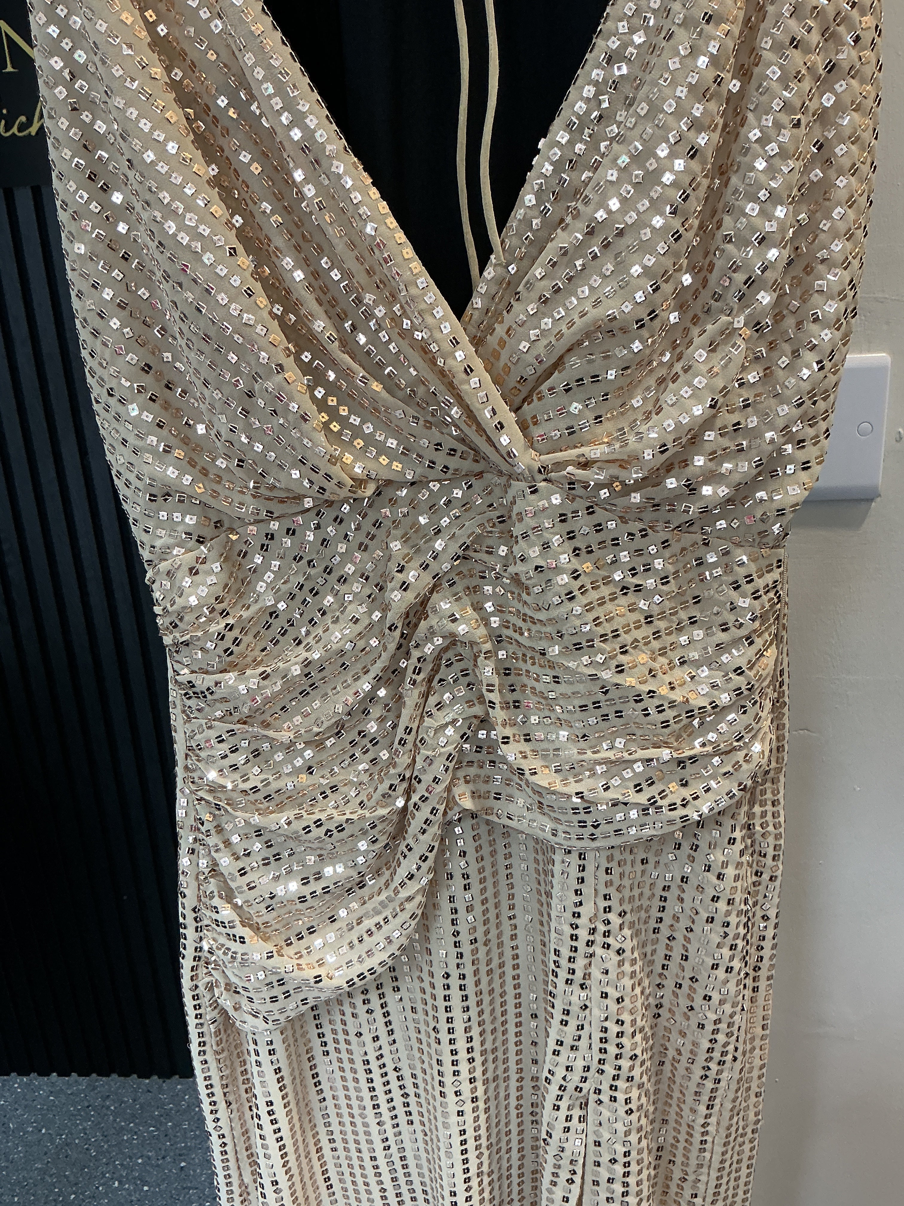 Zara Gold Sequin Ruched Maxi Dress – Size S New