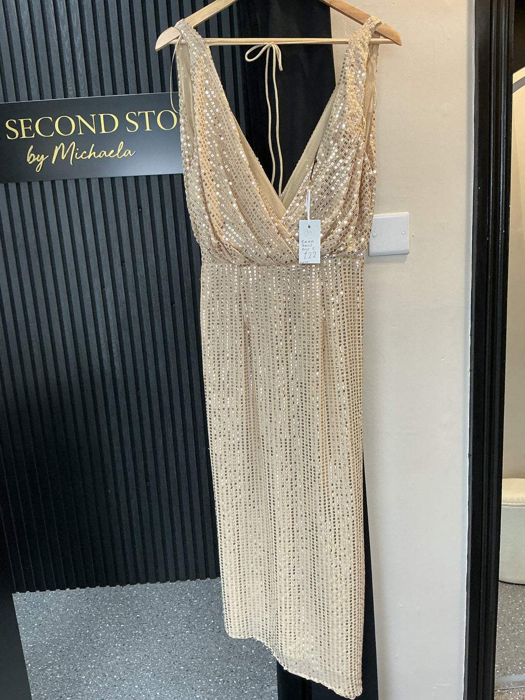 Zara Gold Sequin Ruched Maxi Dress – Size S New