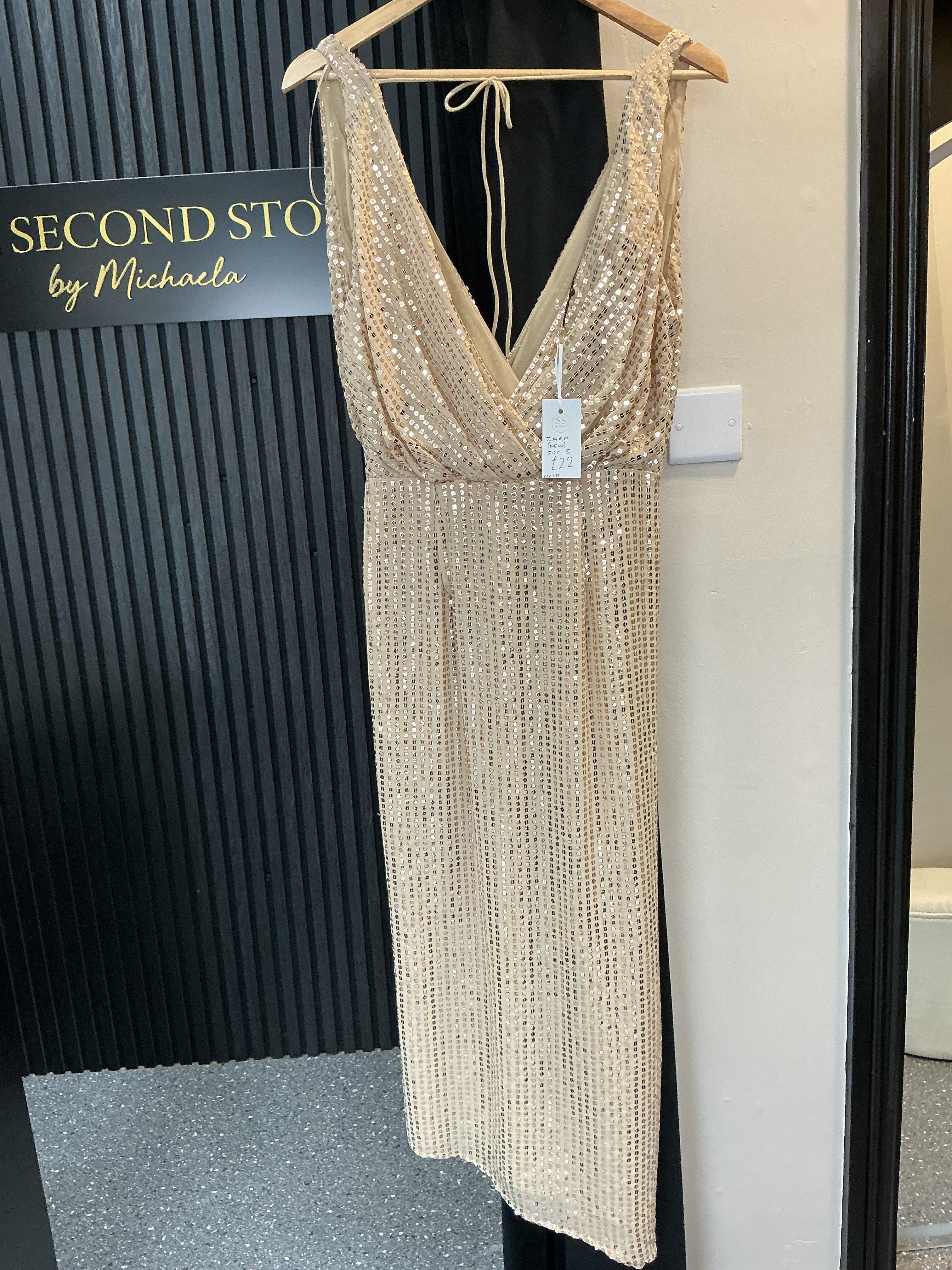 Zara Gold Sequin Ruched Maxi Dress – Size S New