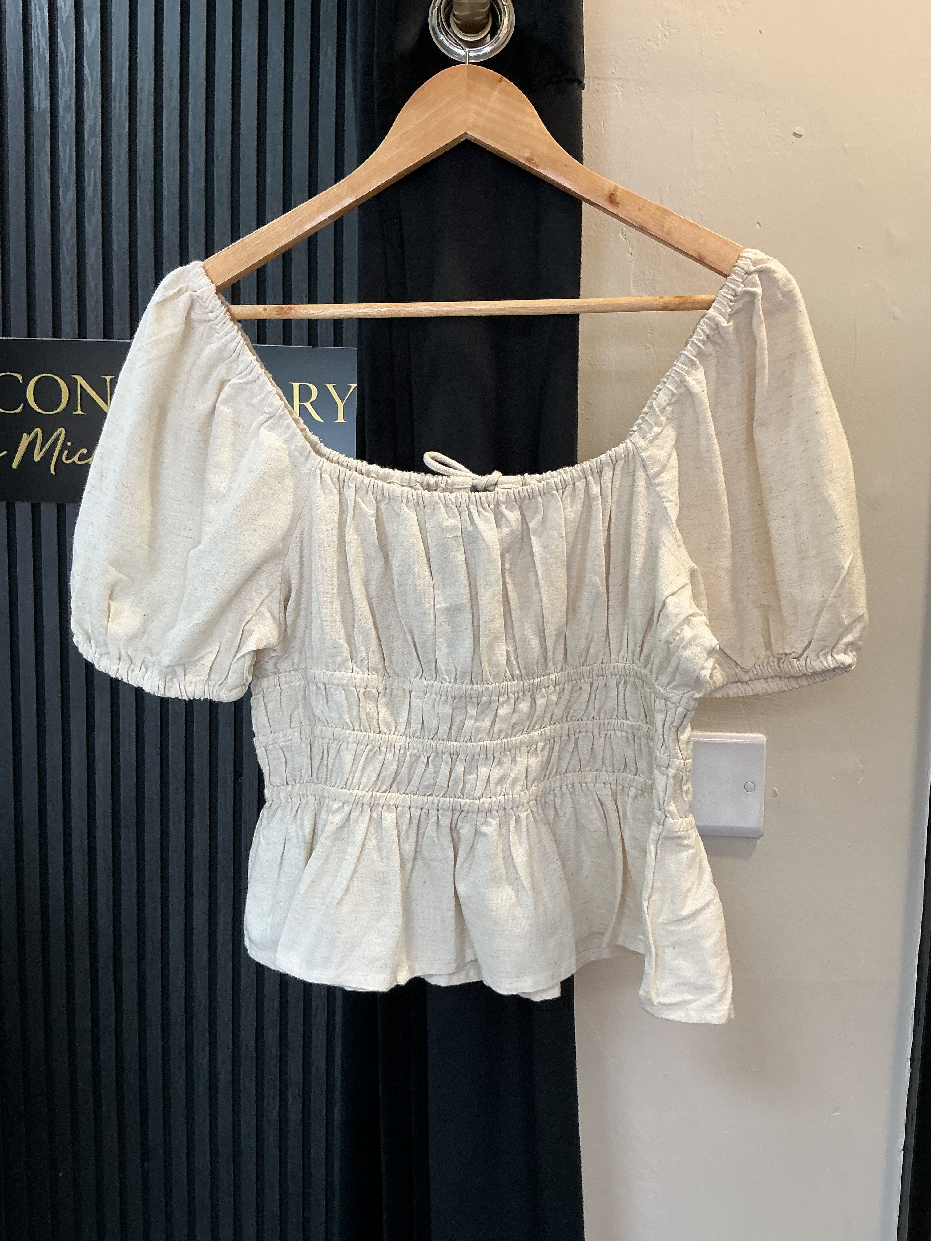 Brave Soul Cream Puff Sleeve Shirred Peplum Top – Size 18 New