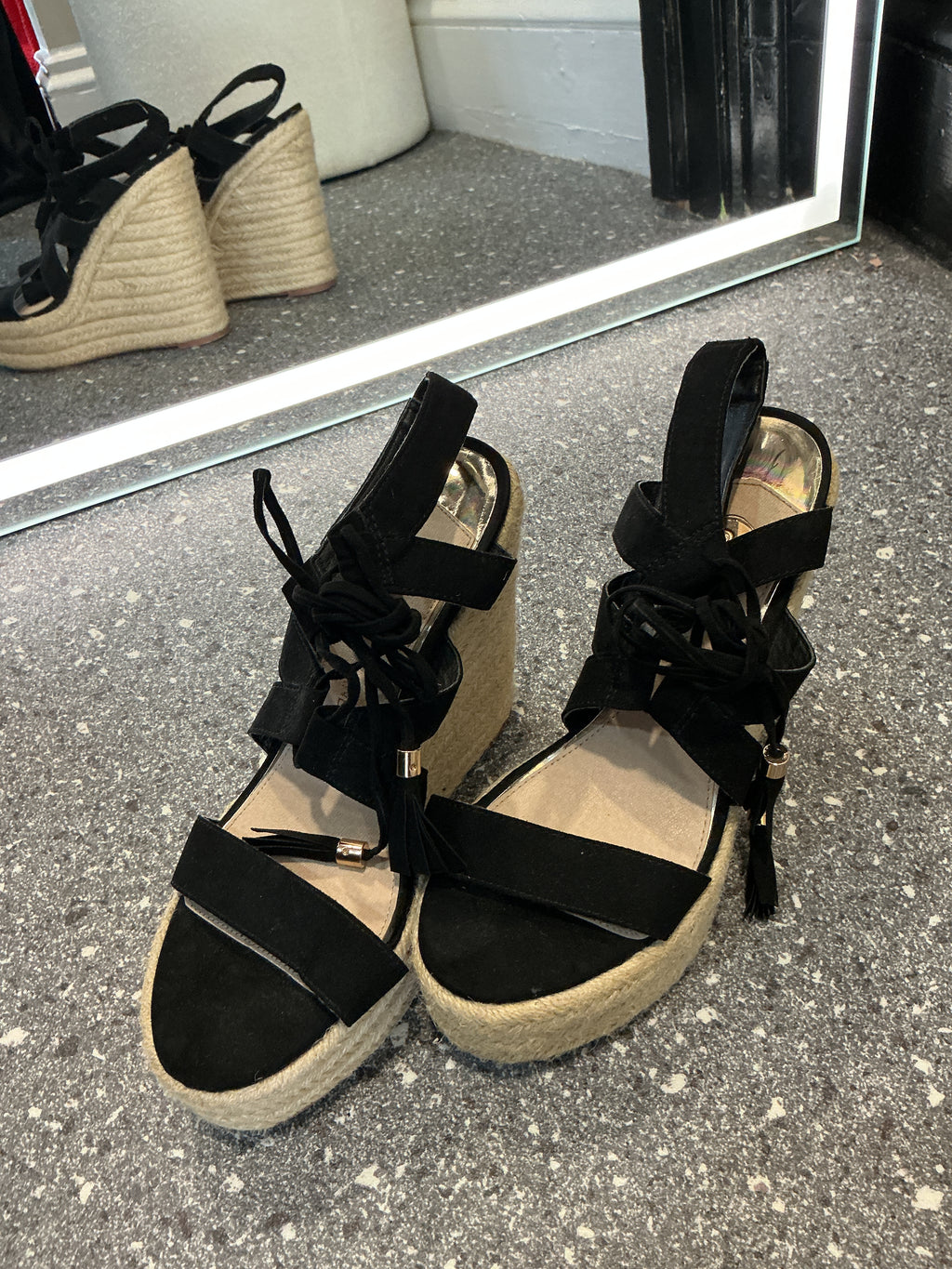 River Island Black Espadrille Wedge Sandals – Size 6