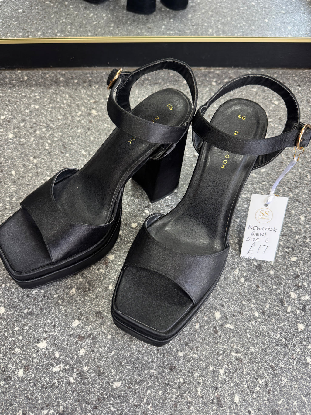 New Look Black Satin Platform Heels – Size 6 New