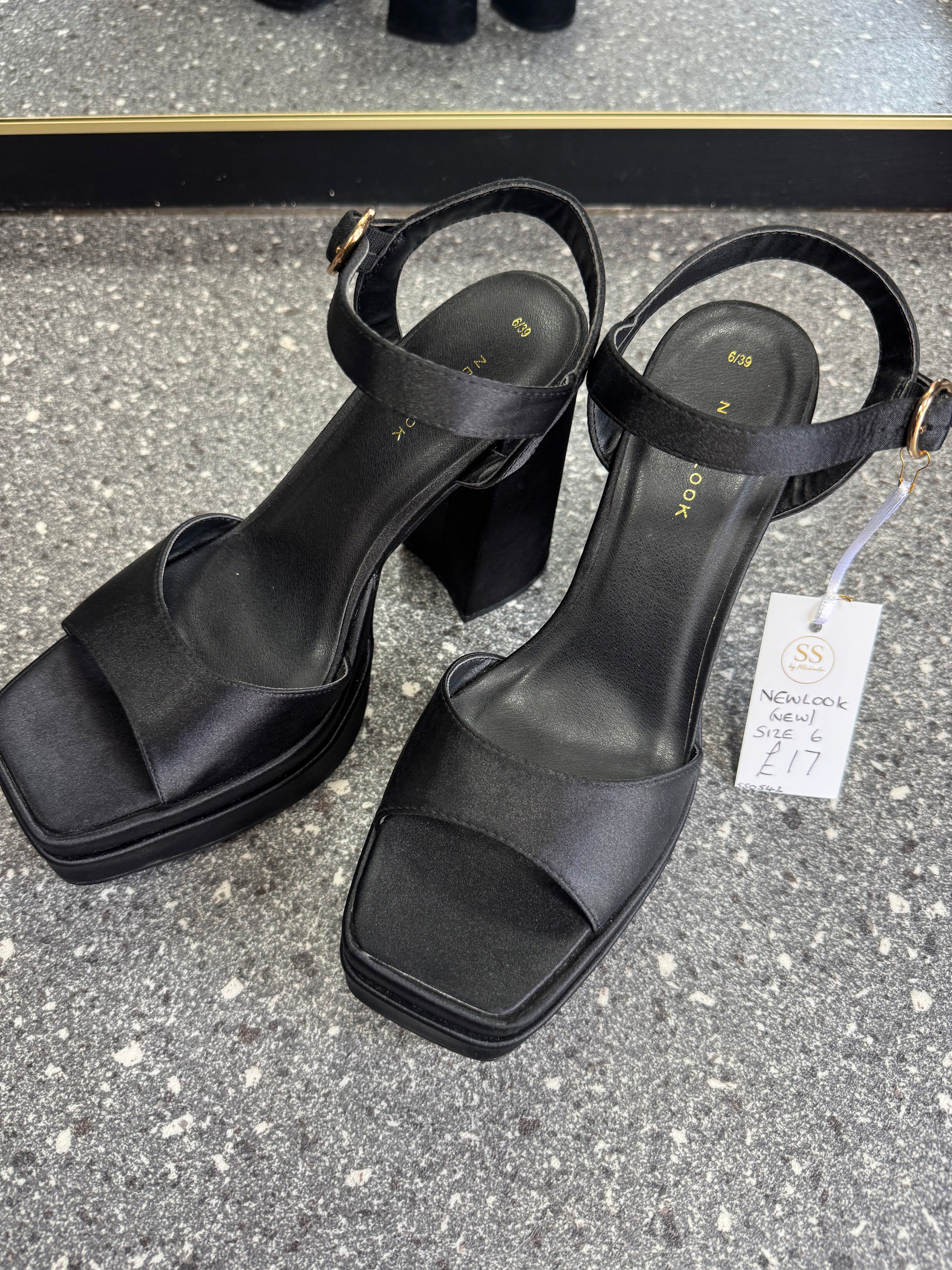 New Look Black Satin Platform Heels – Size 6 New