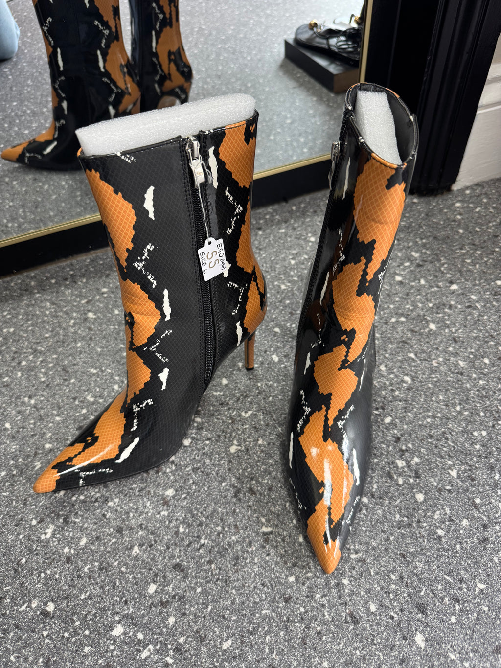 EGO Black & Orange Printed Stiletto Ankle Boots – Size 6 New