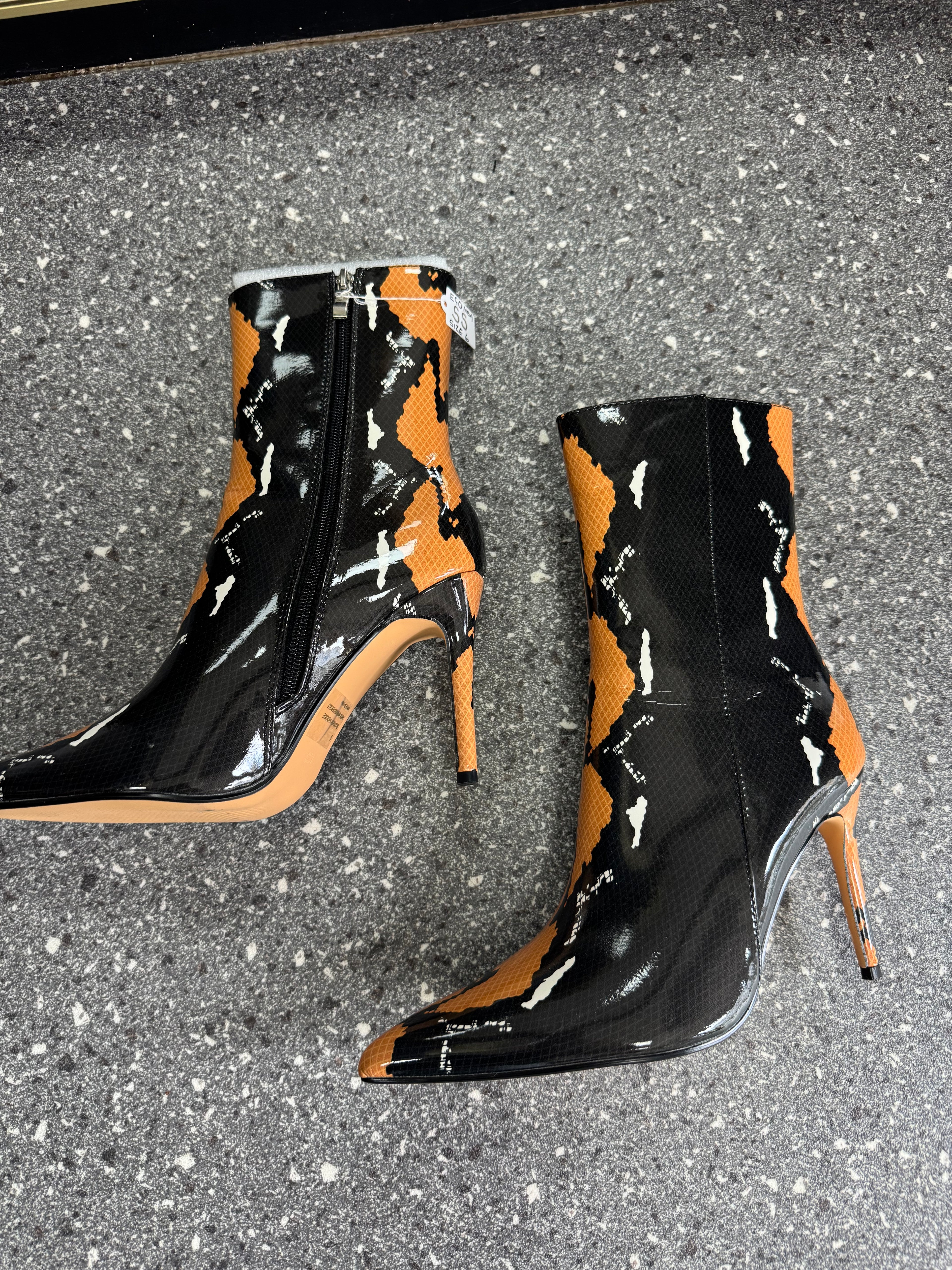 EGO Black & Orange Printed Stiletto Ankle Boots – Size 6 New