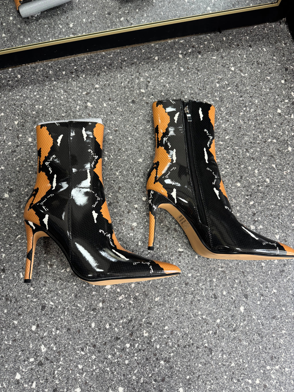 EGO Black & Orange Printed Stiletto Ankle Boots – Size 6 New