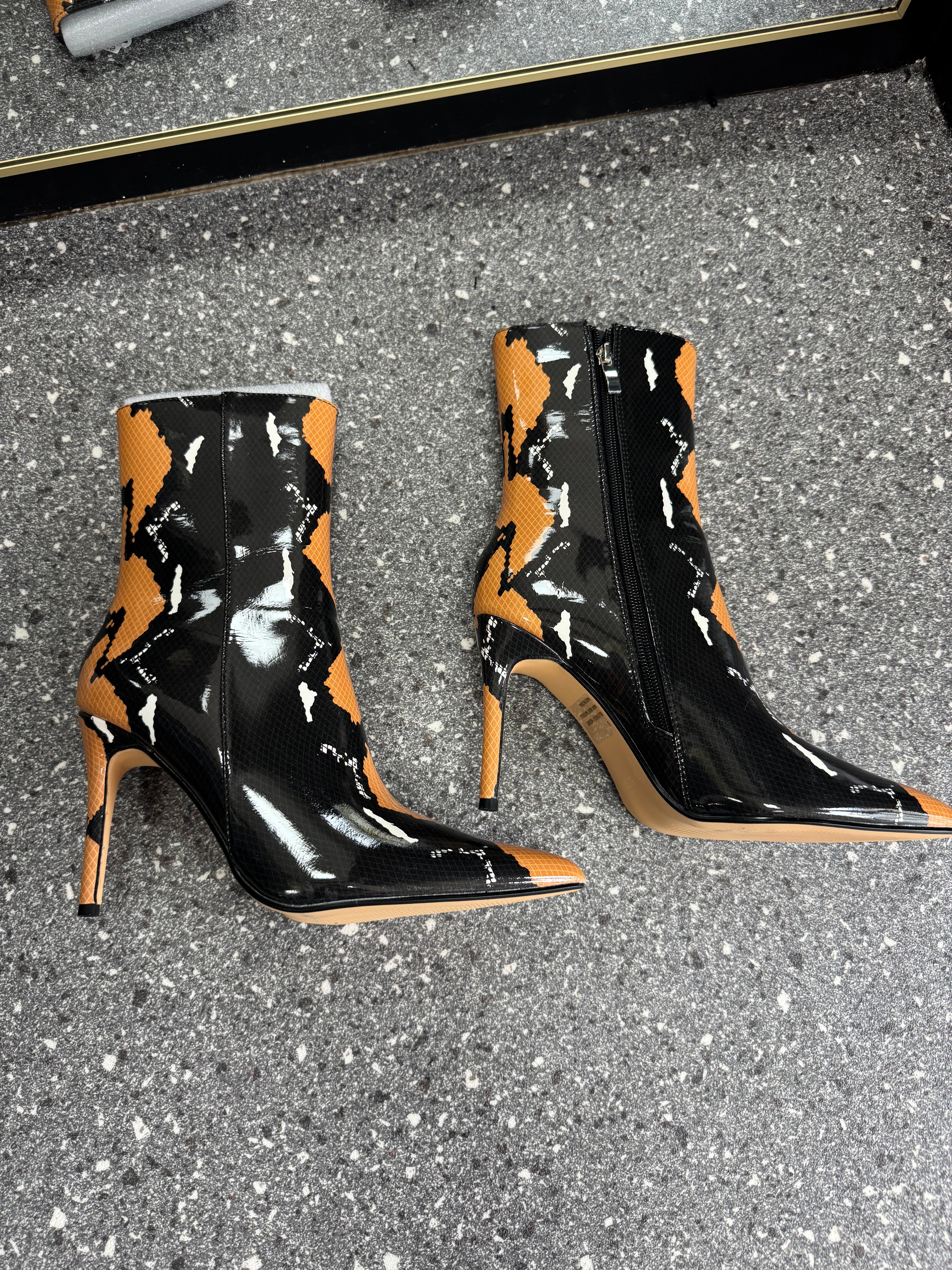 EGO Black & Orange Printed Stiletto Ankle Boots – Size 6 New