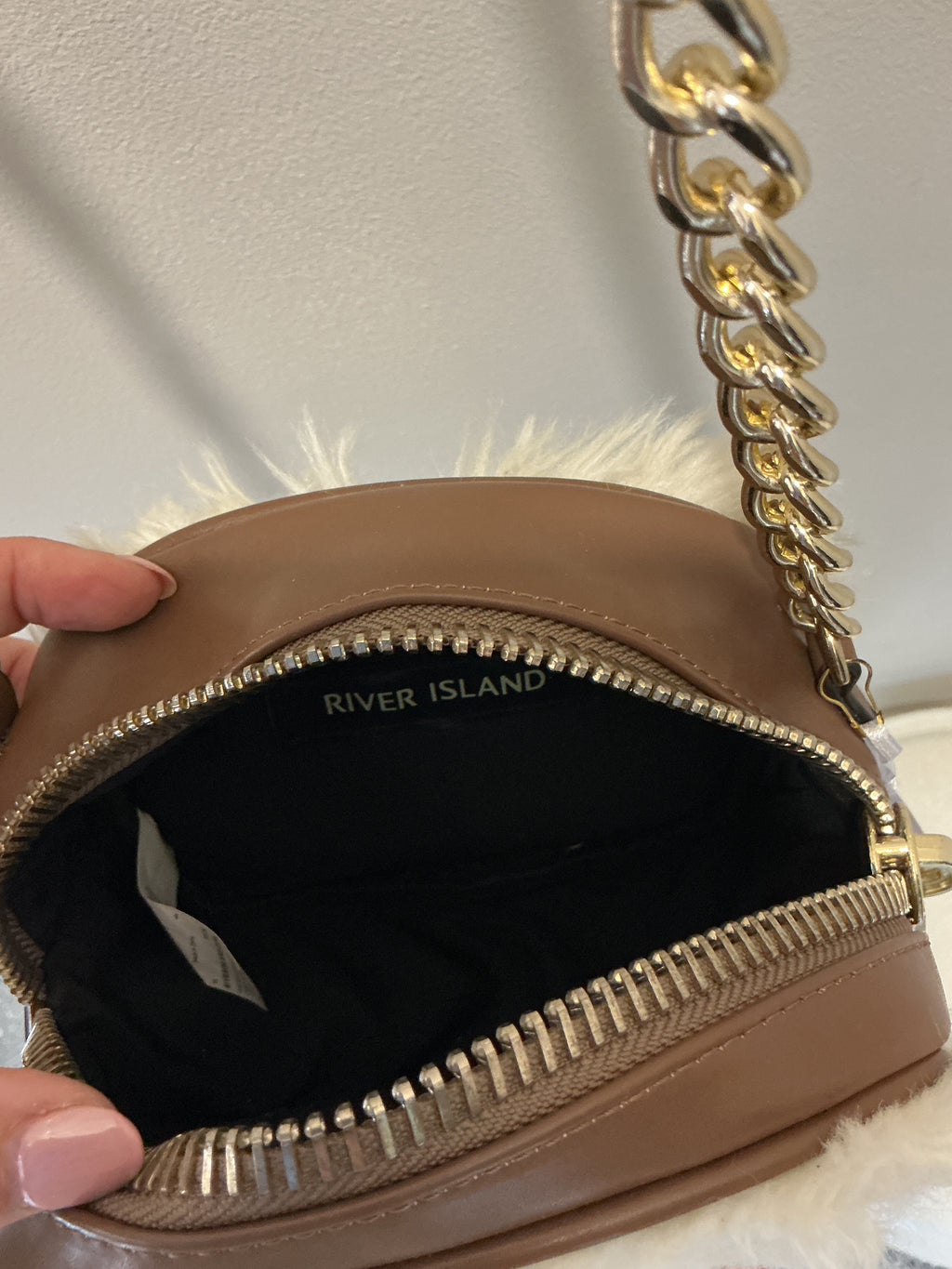 River Island Cream Faux Fur Chain Crossbody Bag