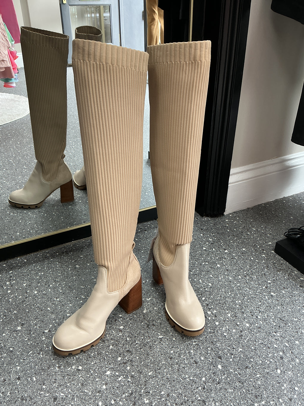 River Island Cream Ribbed Knee High Boots – Size 5 New