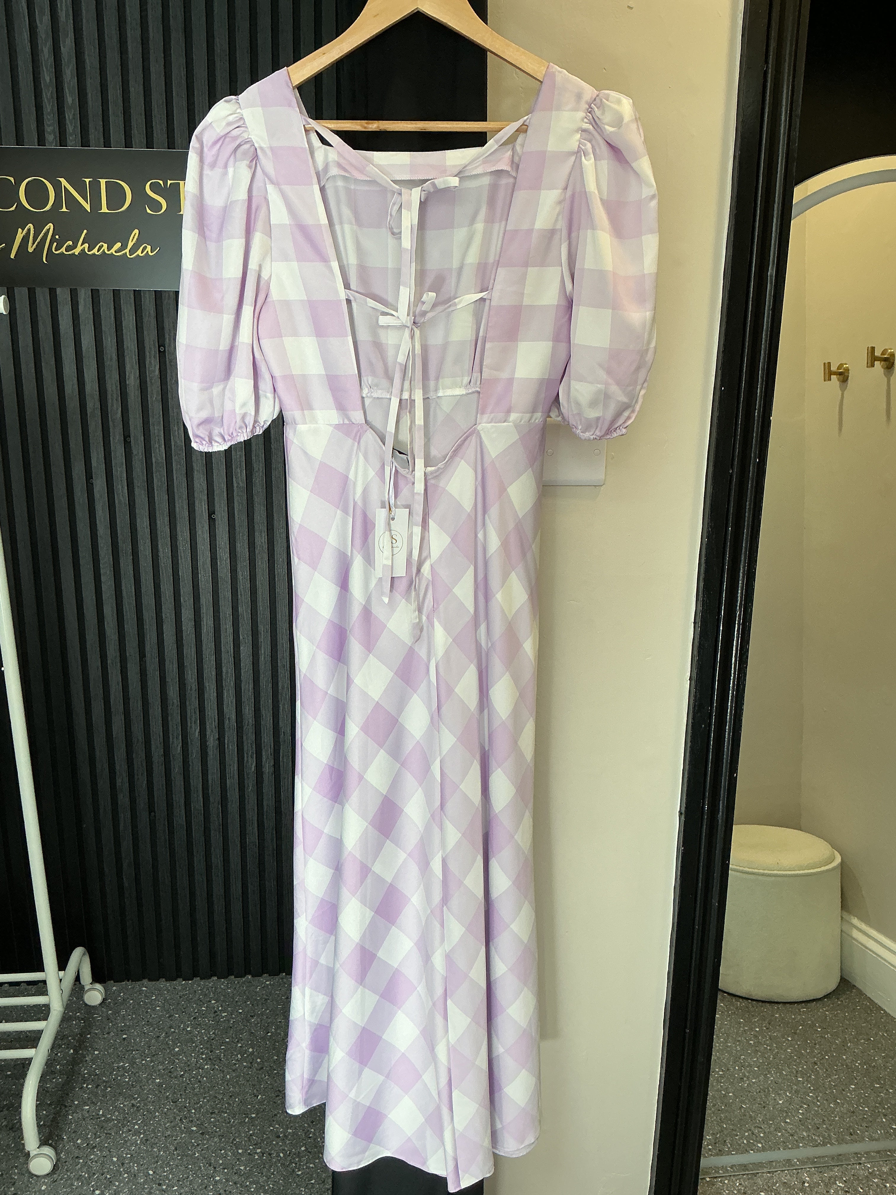 ASOS Lilac Gingham Open-Back Midi Dress – Size 12