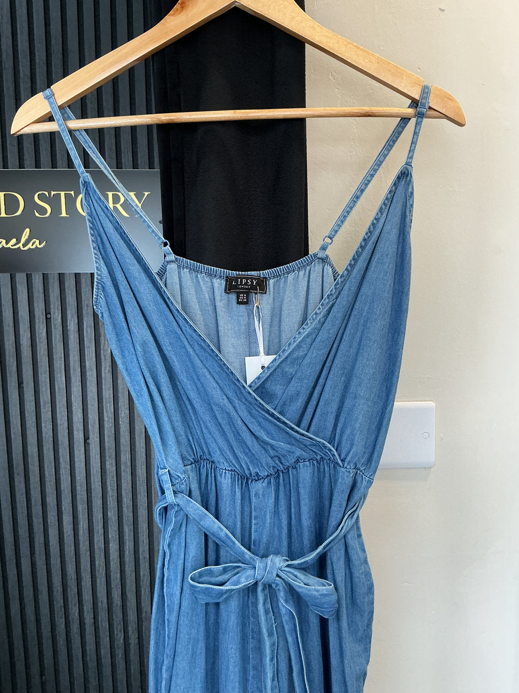 Lipsy Blue Chambray Wrap Jumpsuit – Size 8