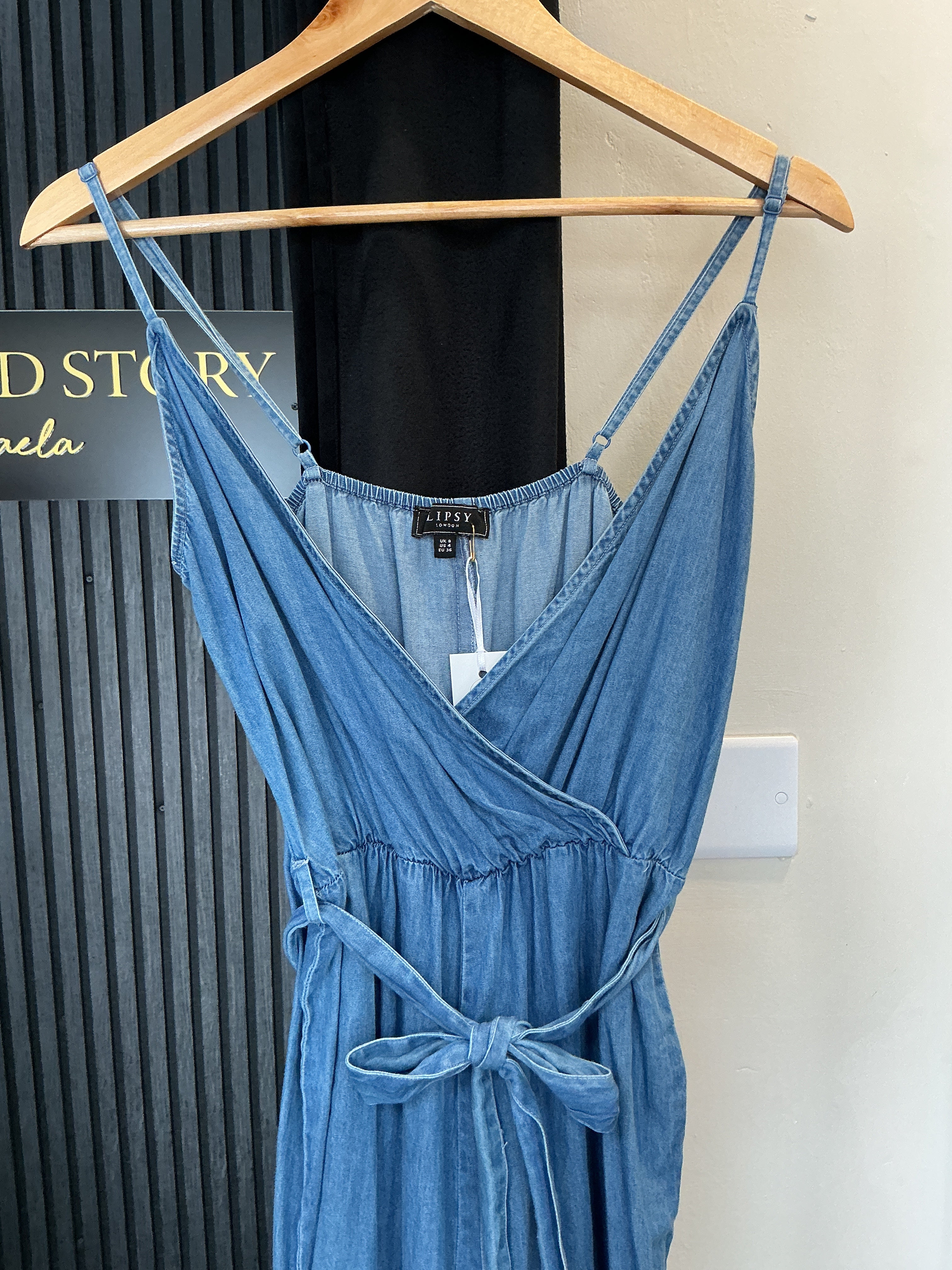 Lipsy Blue Chambray Wrap Jumpsuit – Size 8