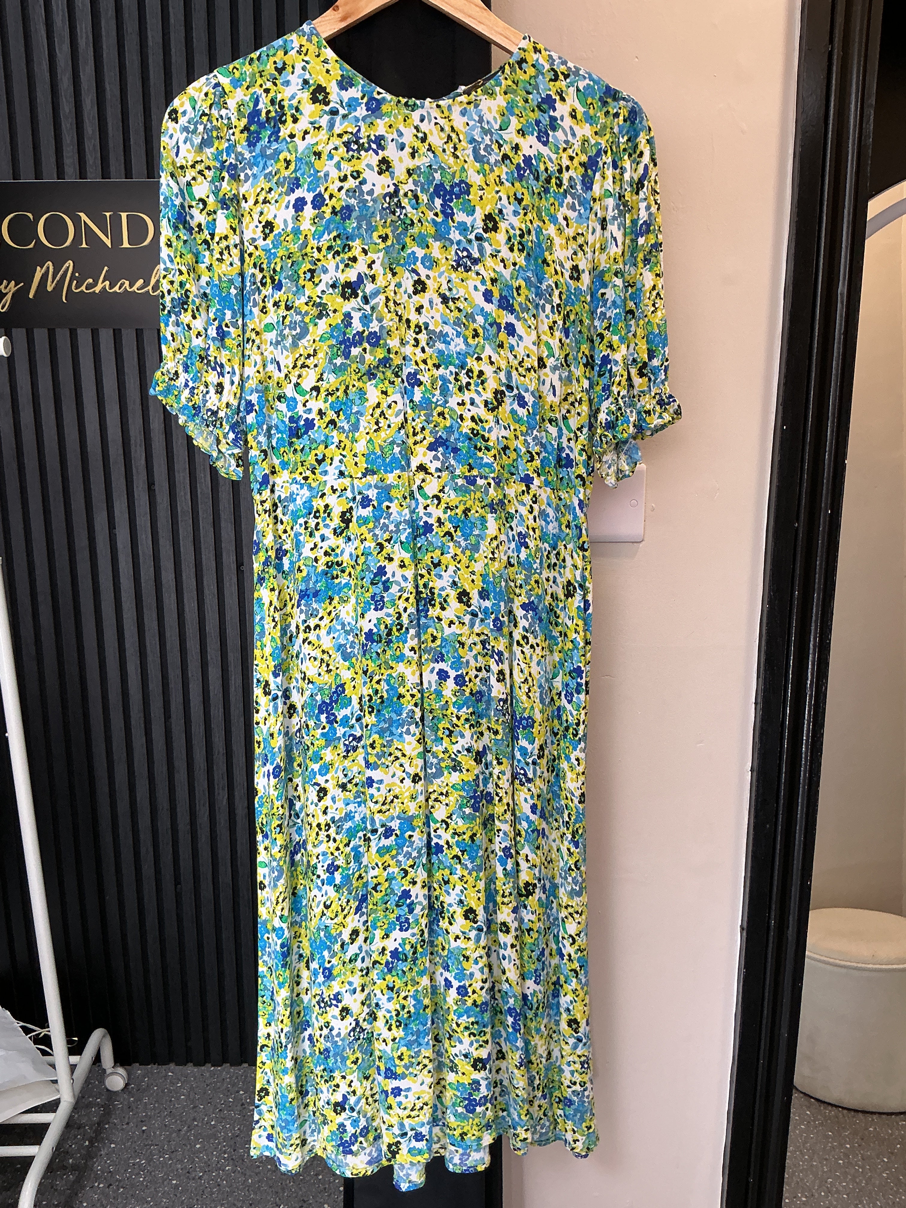 M&S Blue & Green Floral Midi Dress – Size 14