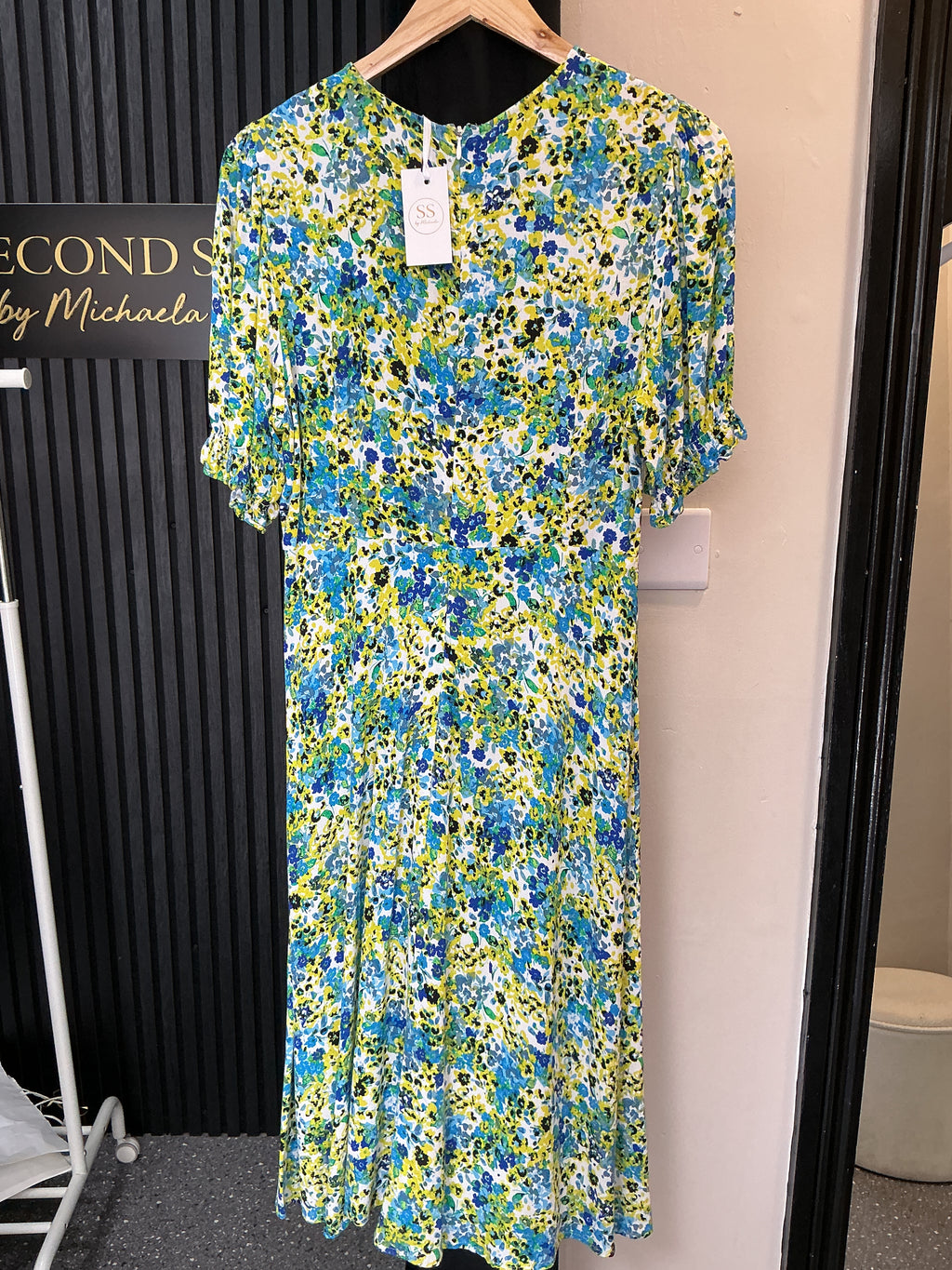 M&S Blue & Green Floral Midi Dress – Size 14