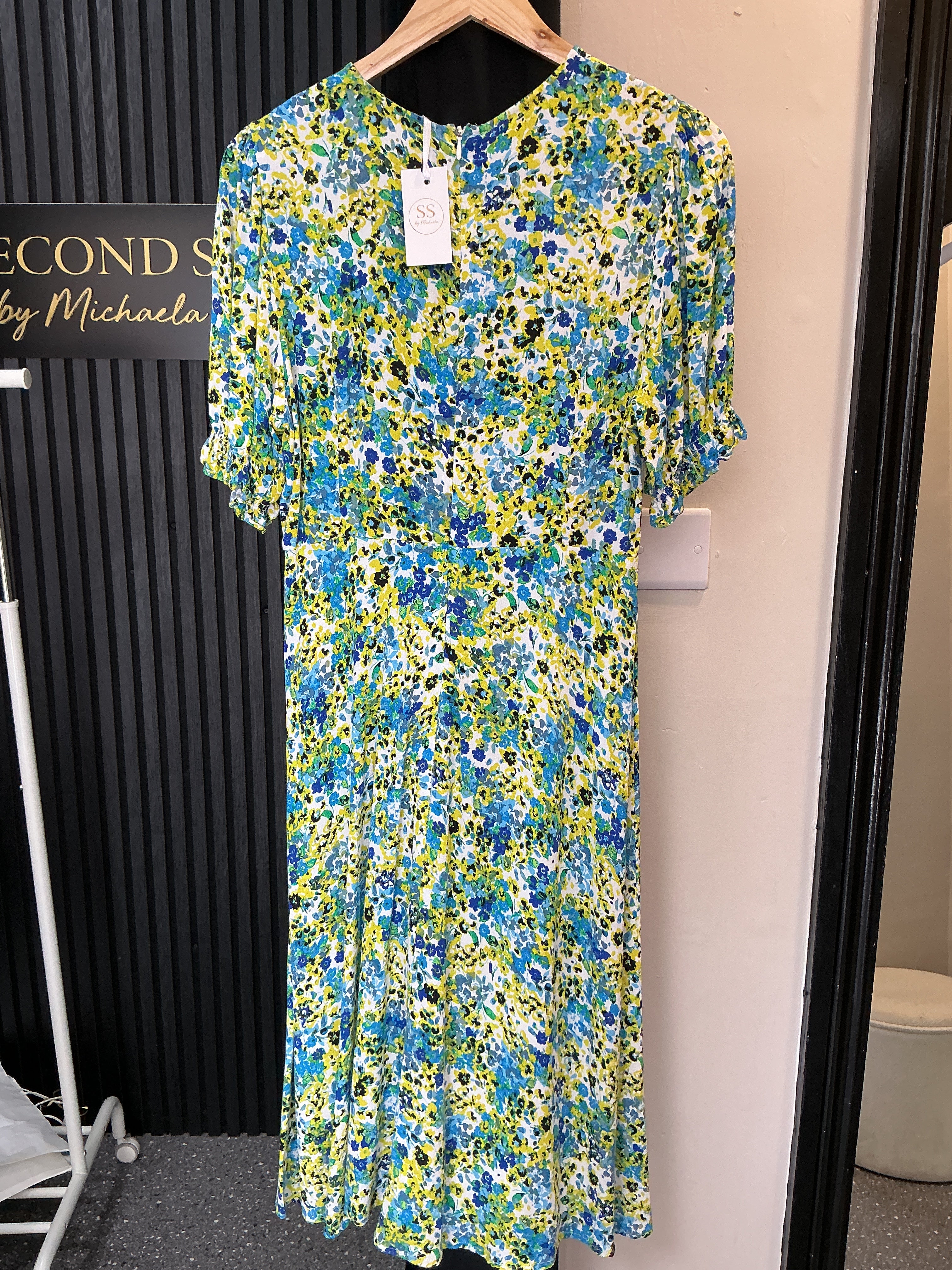 M&S Blue & Green Floral Midi Dress – Size 14