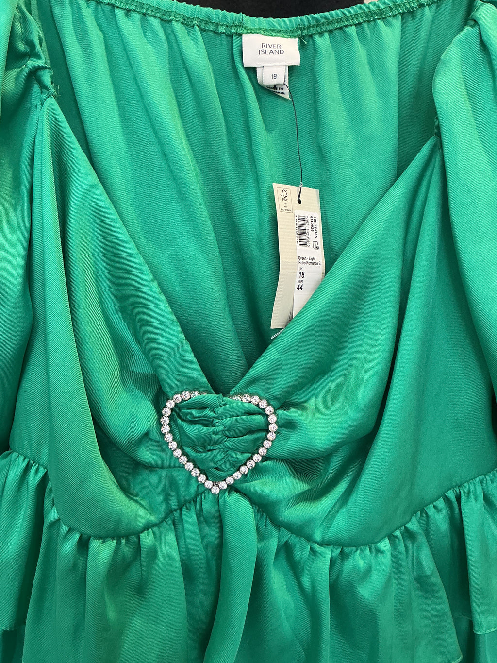 River Island Green Satin Heart Detail Peplum Top – Size 18 New