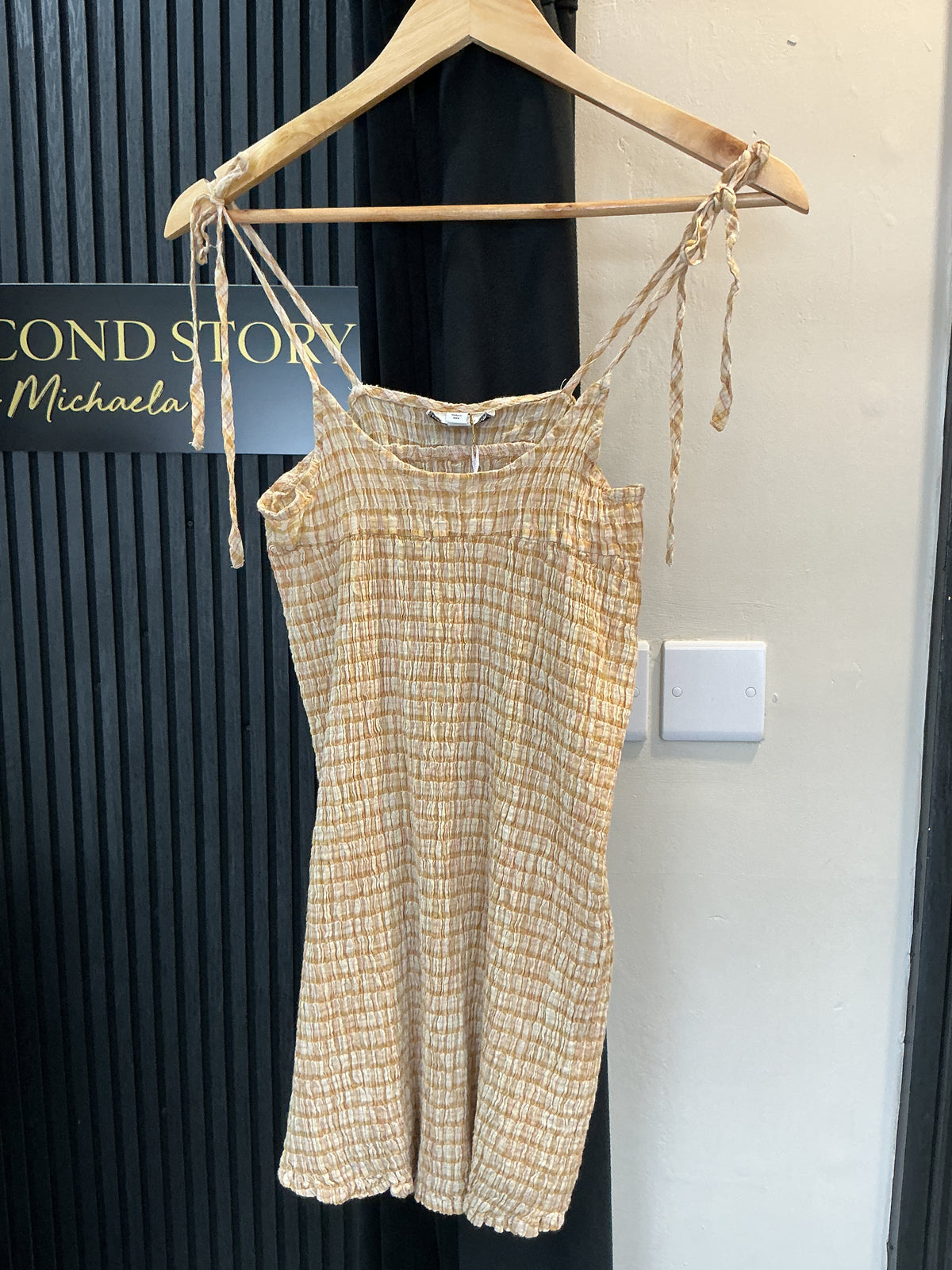Topshop Beige Shirred Tie-Strap Mini Dress – Size S