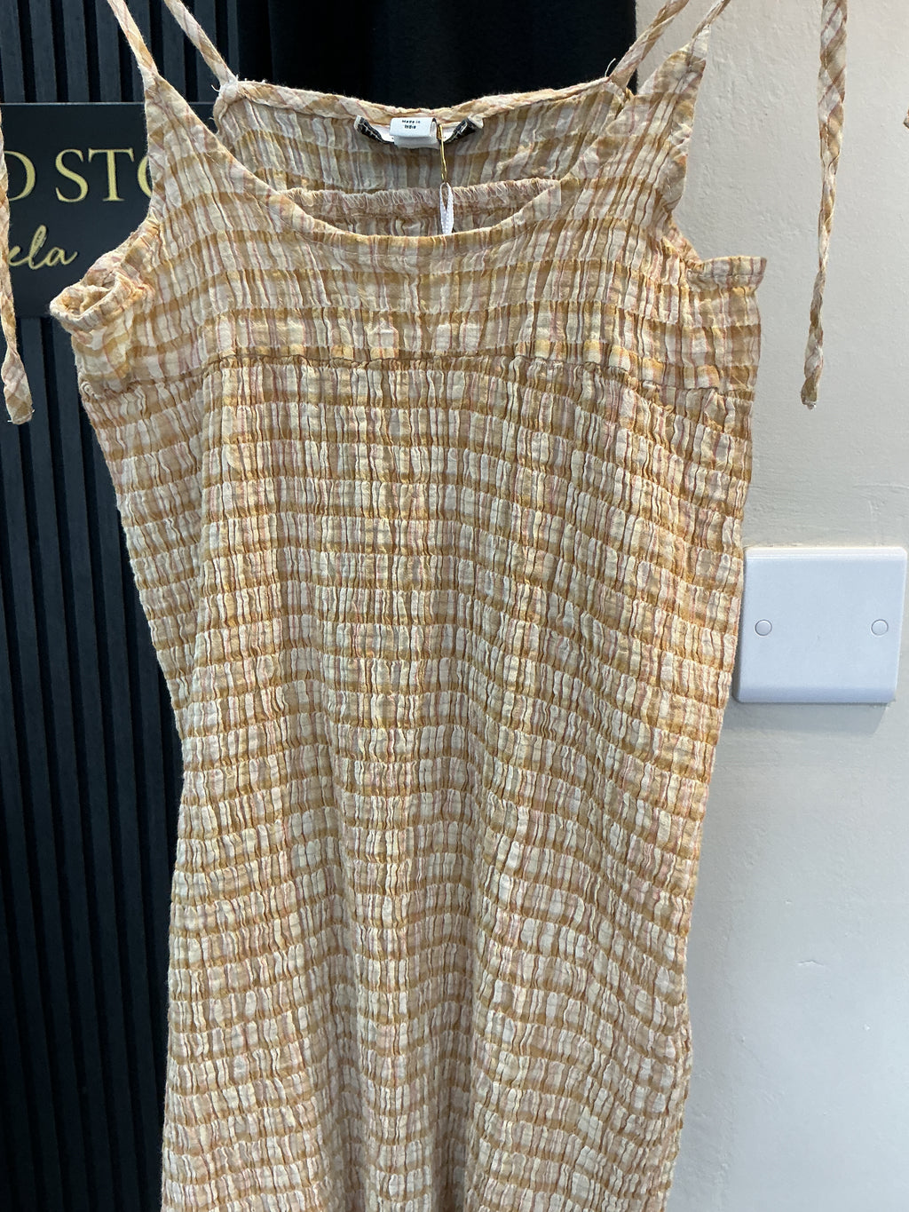 Topshop Beige Shirred Tie-Strap Mini Dress – Size S