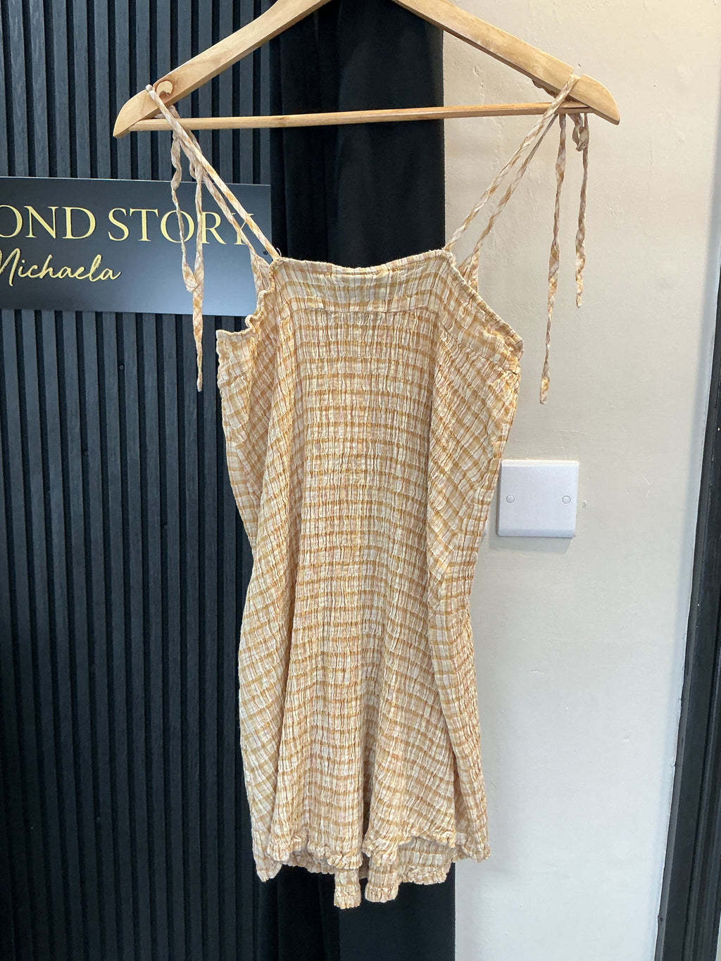 Topshop Beige Shirred Tie-Strap Mini Dress – Size S