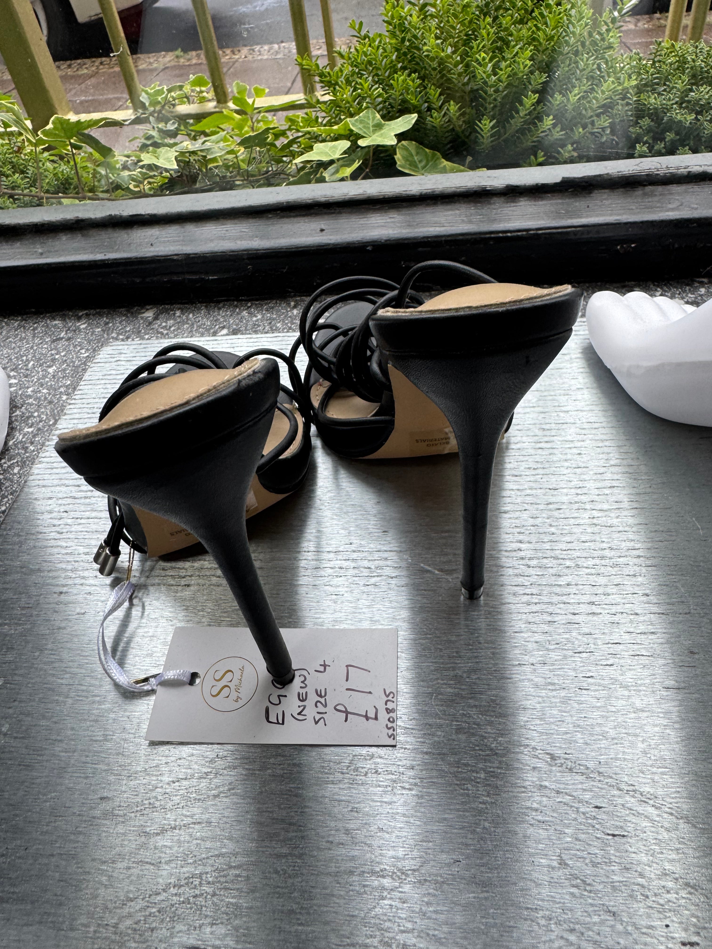 EGO Black Strappy Stiletto Mule Heels – Size 4