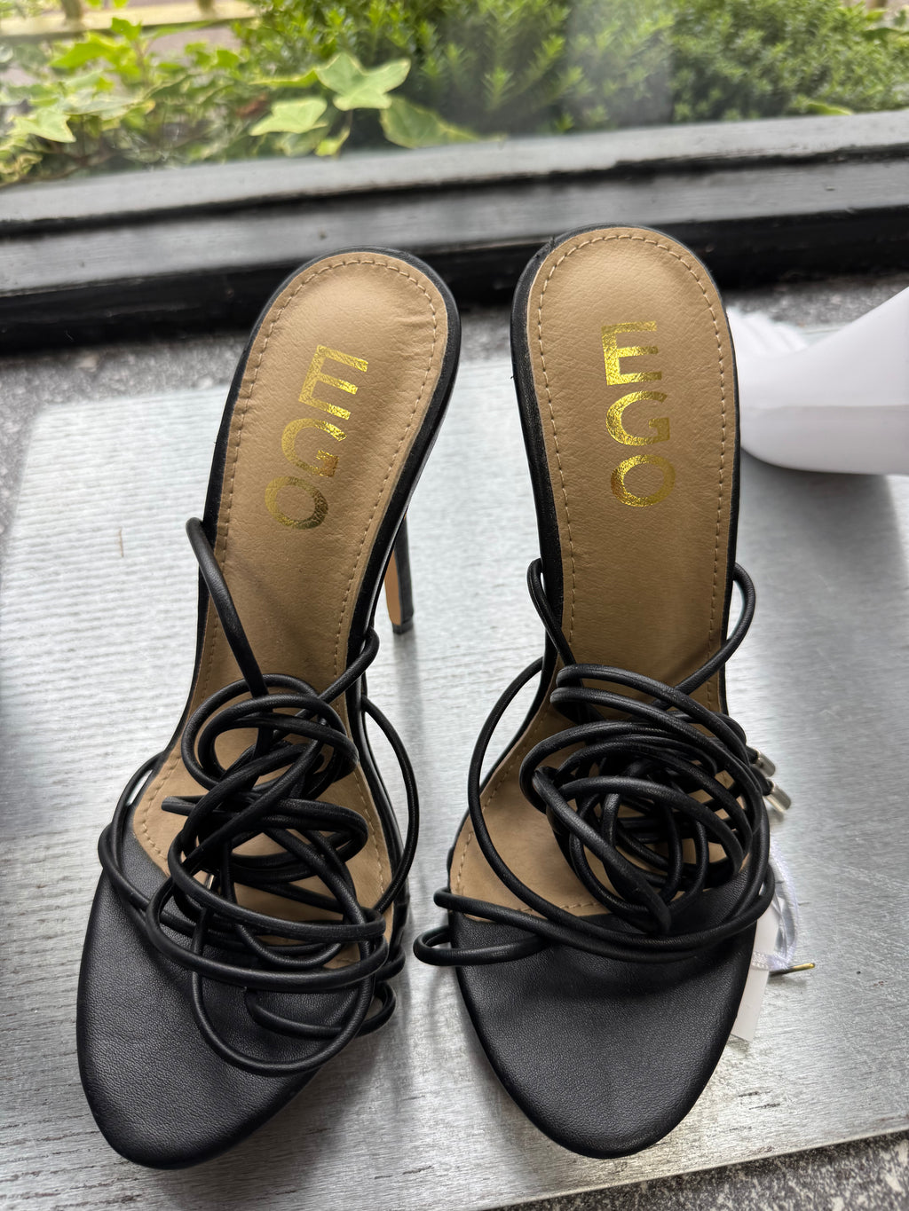 EGO Black Strappy Stiletto Mule Heels – Size 4