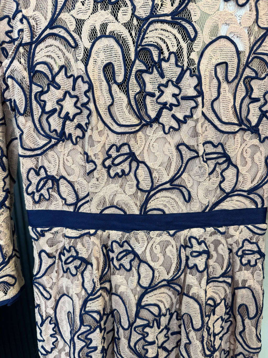Reiss Blush & Navy Embroidered Lace Dress – Size 8