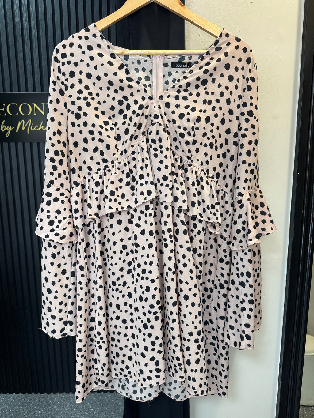 Blush Dalmatian Print Ruffle Mini Dress – Size 16