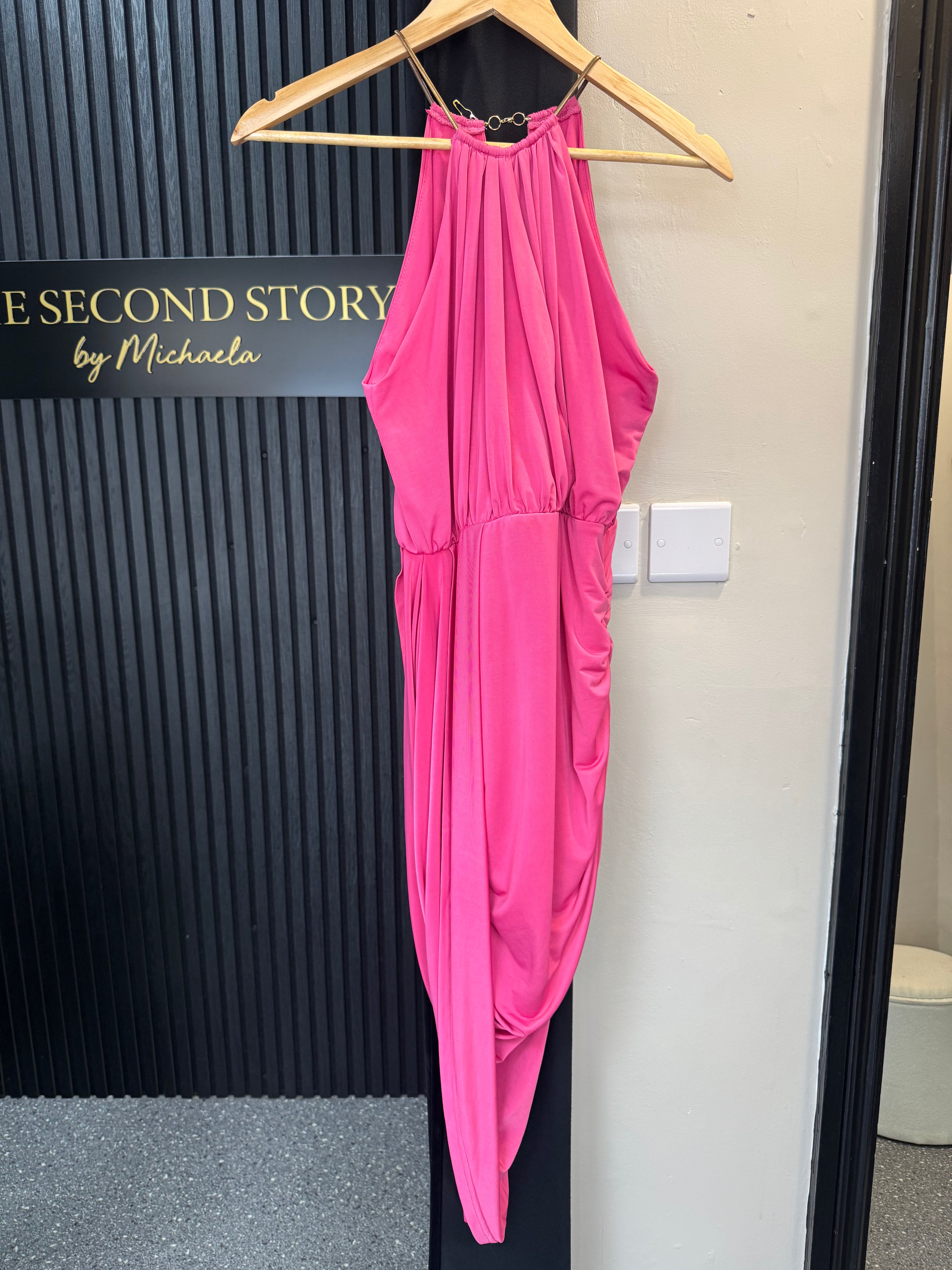 Lipstick Boutique Hot Pink Draped Halterneck Midi Dress – Size 12