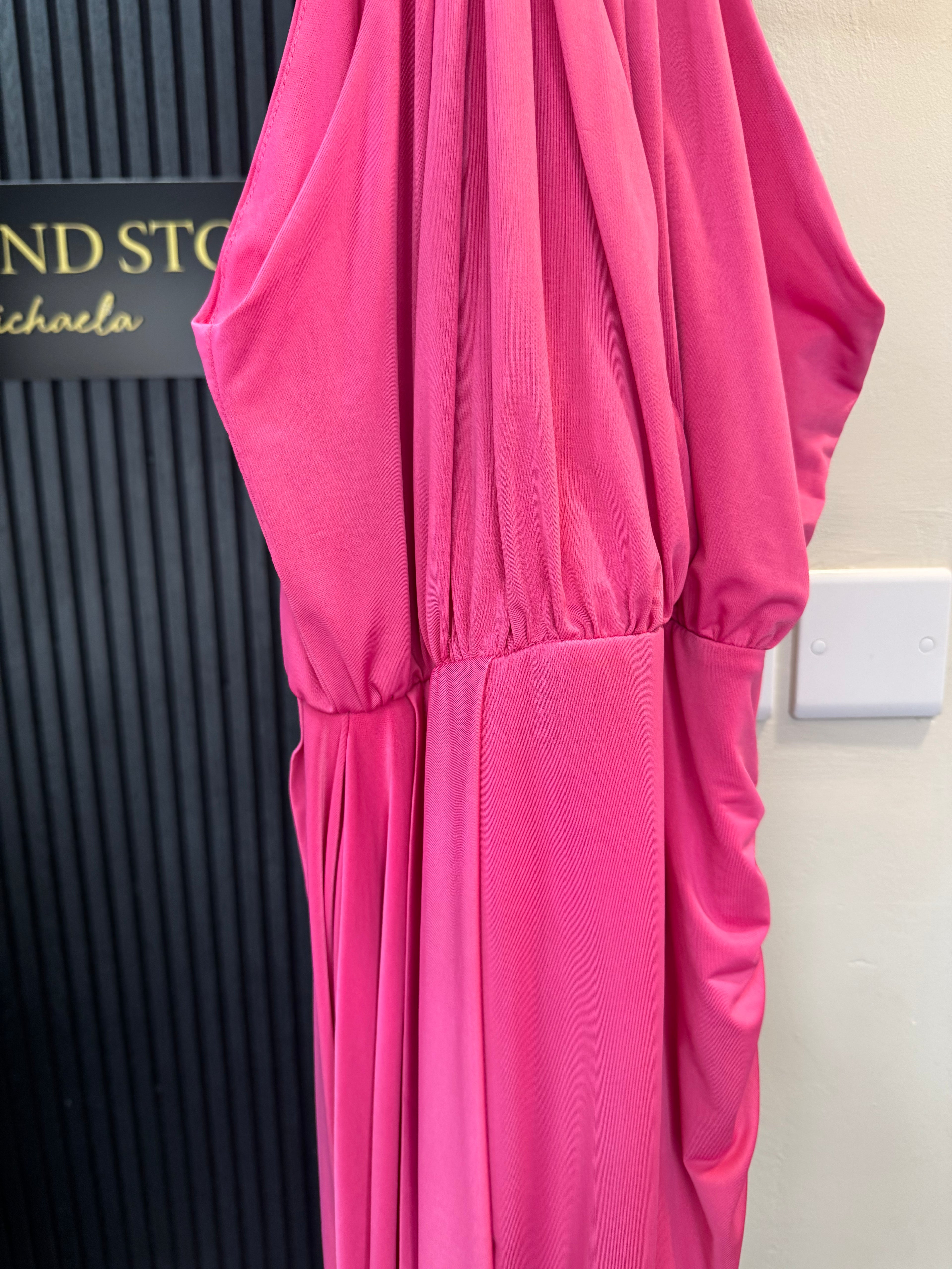 Lipstick Boutique Hot Pink Draped Halterneck Midi Dress – Size 12