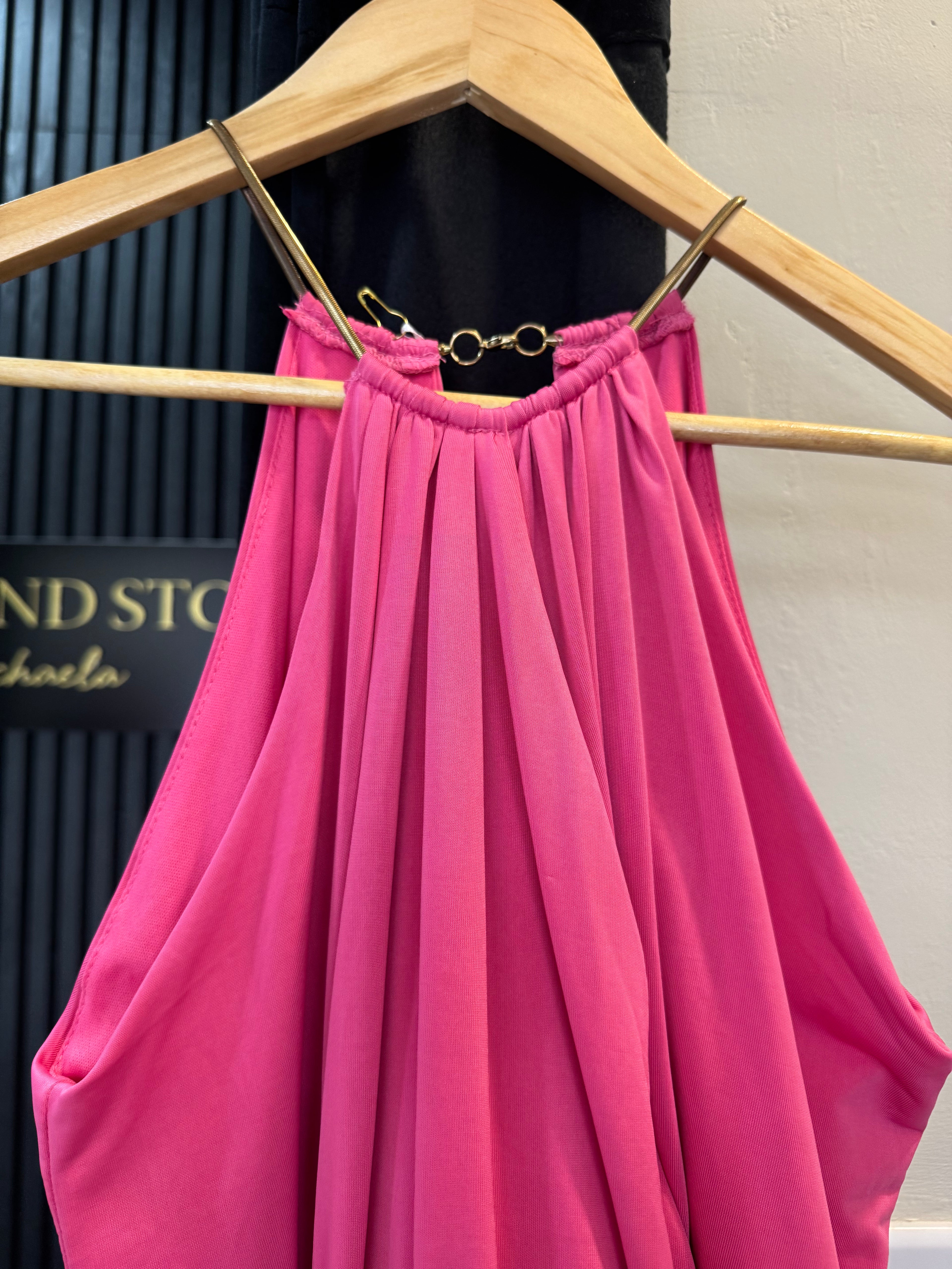 Lipstick Boutique Hot Pink Draped Halterneck Midi Dress – Size 12