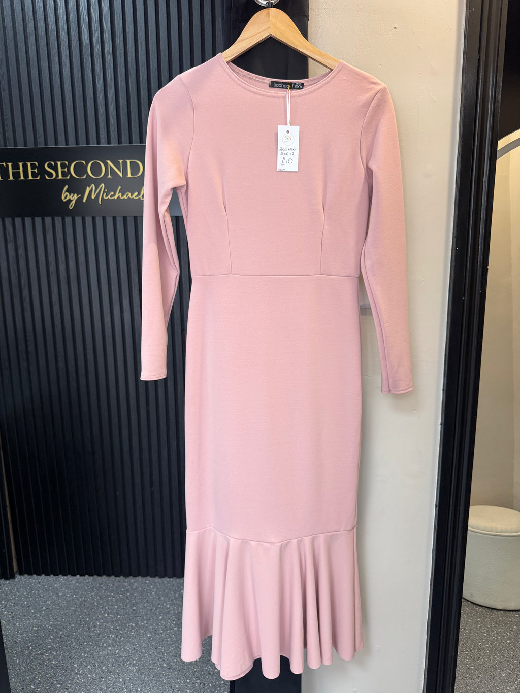 Boohoo Blush Pink Long Sleeve Frill Hem Midi Dress – Size 12